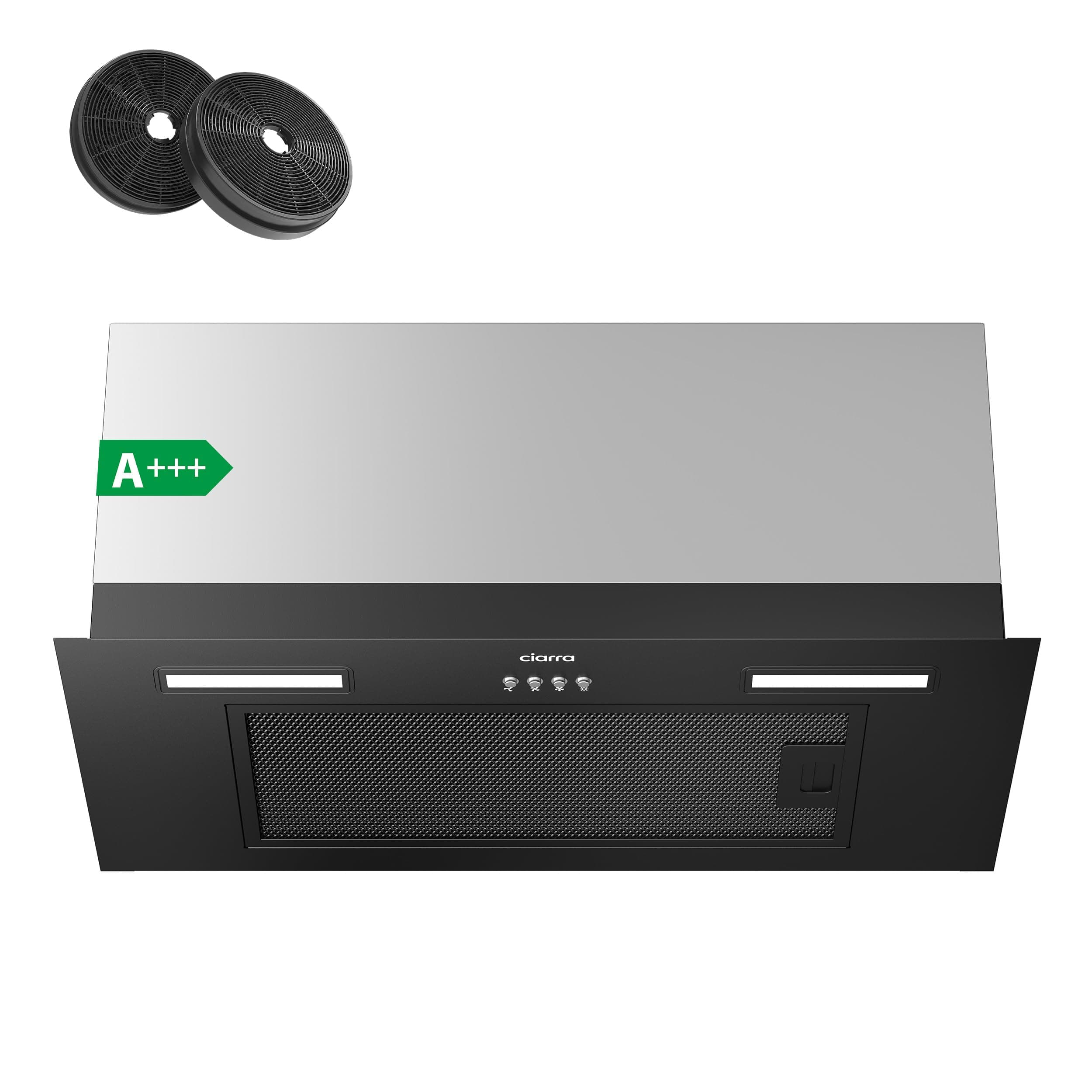 Ciarra CBCB6926A Hotte Aspirante Encastrable 60 cm Classe A+++ 650 m³/h, Hotte Compacte Encastrée Noir avec Filtre à Charbon CBCF003, Évacuation & Recyclage