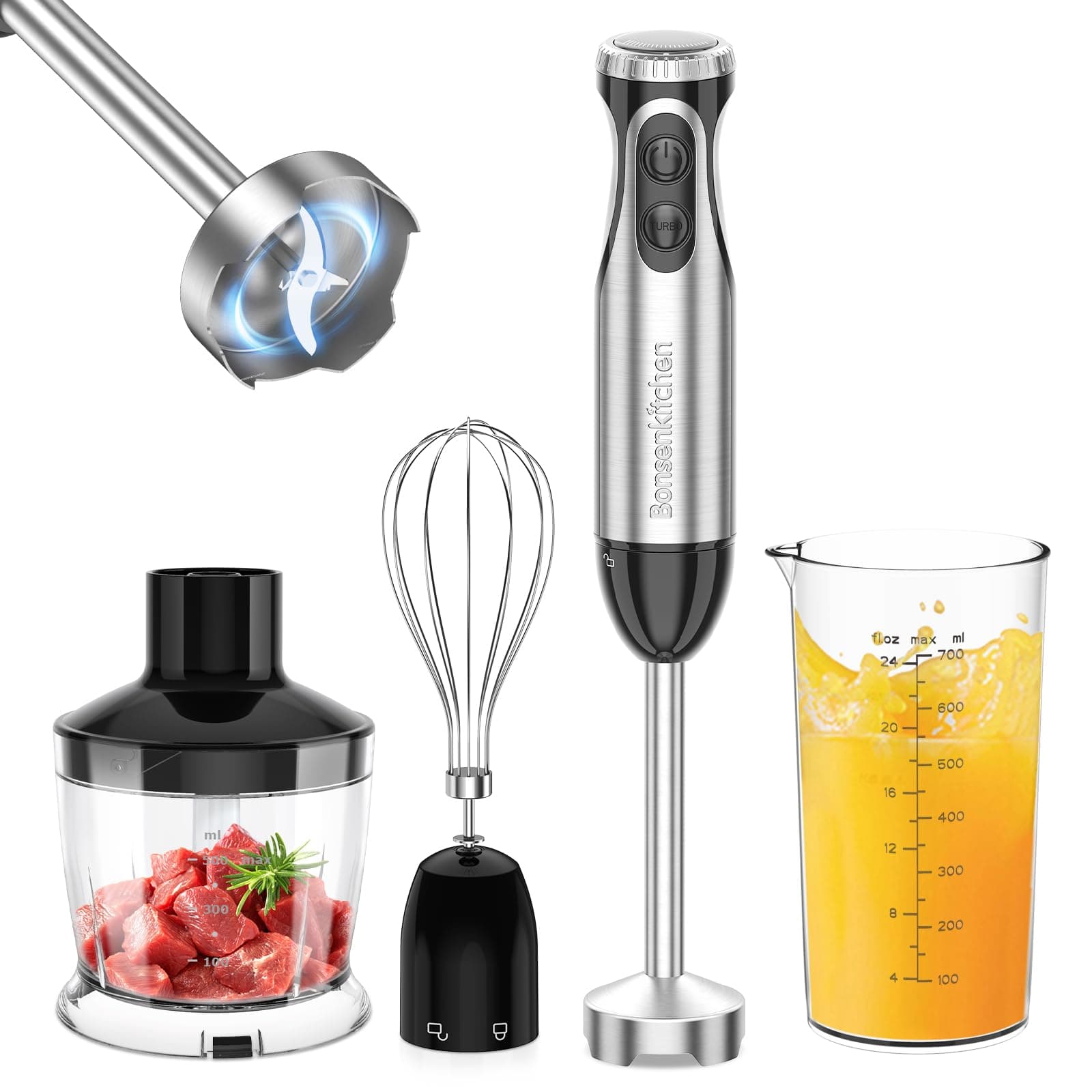 Bonsenkitchen Frullatore a Immersione Multifunzione 4 in 1, Minipimer in Acciaio Inox, 1000 W, 20 Velocità Regolabili, con Frusta, Tritatutto da 500 ml e Misurino da 700 ml, HB3203