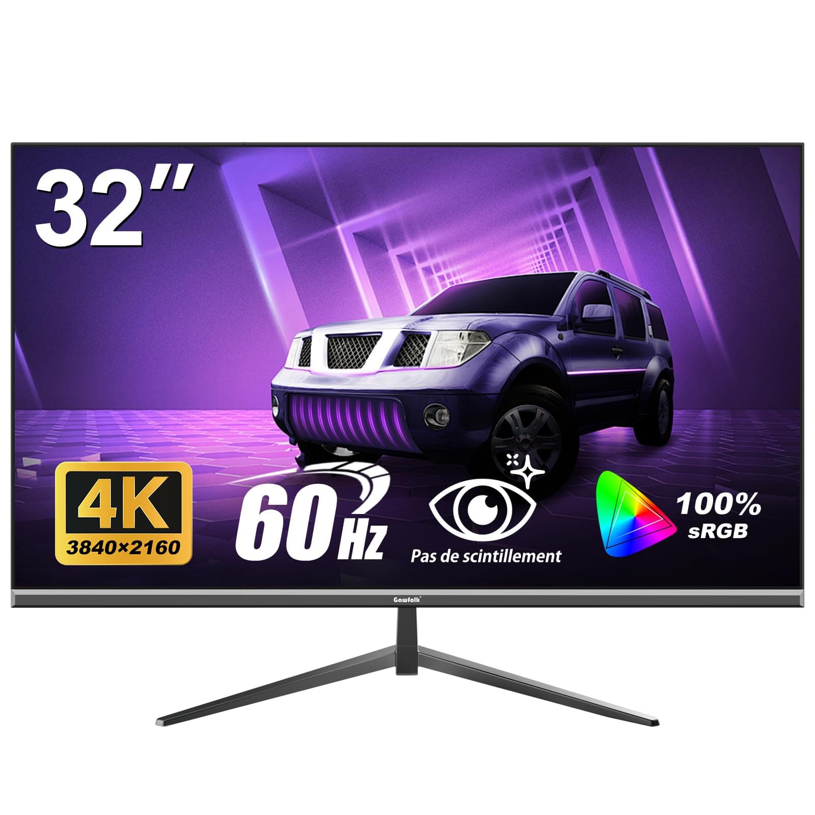 Gawfolk Écran PC 32 Pouces 4K UHD, Moniteur d’Ordinateur Ultra-Clair (3840×2160p), 100% sRGB, Angle de Vision de 178°, HDMI、Display Port, Compatible avec Montage Mural 100 * 100MM - Noir