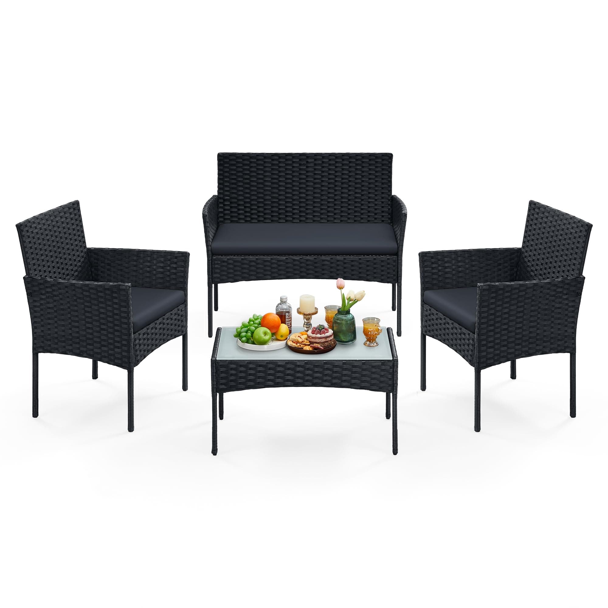 SONGMICS Gartenmöbel-Set, 4-teilig, Balkonmöbel aus PE-Polyrattan, Tisch, 2 Stühle, 2-Sitzer-Bank, Lounge-Möbel Outdoor, Terrassenmöbel, für Terrasse, Balkon, schwarz-grau GGF004B06