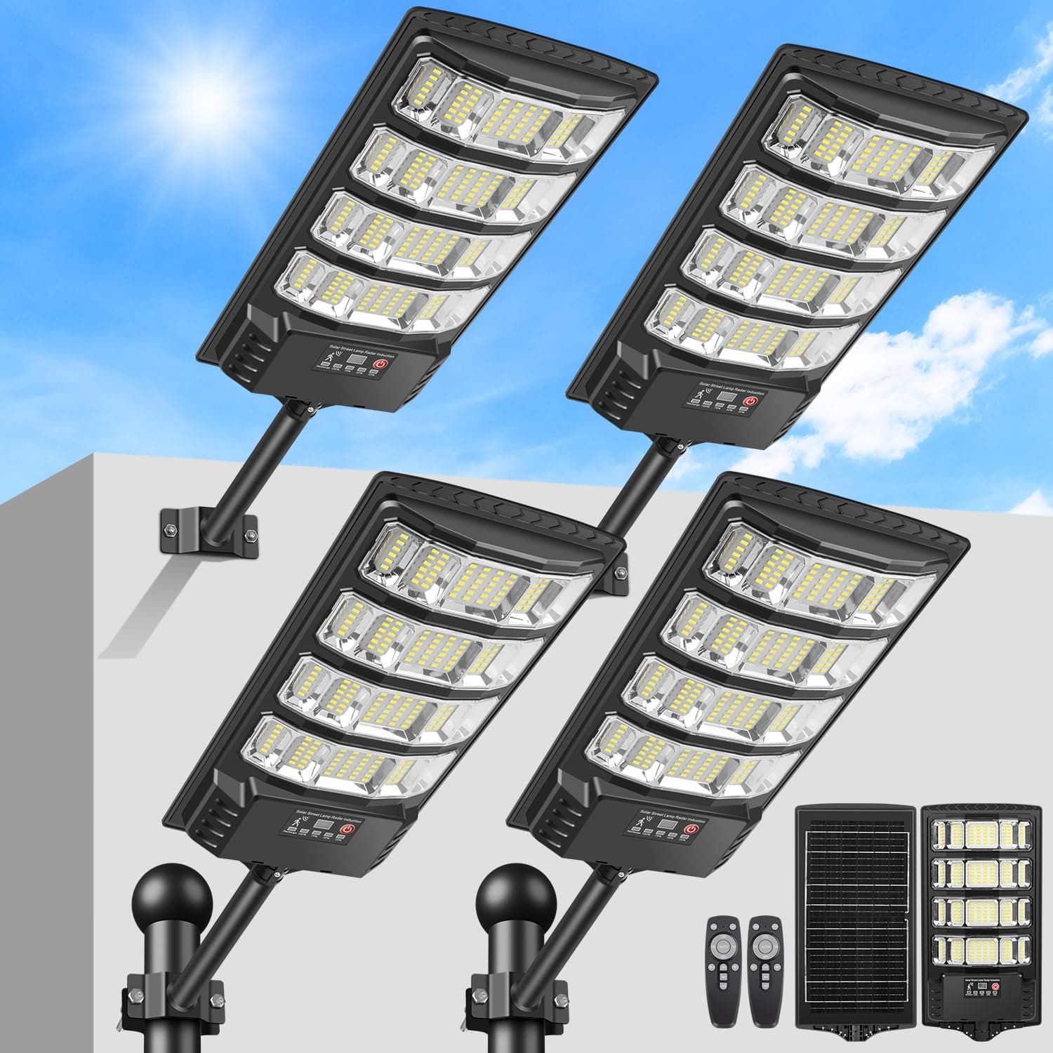 LEKIA Farolas Solares Exteriores, Potente Farola Solar con Sensor de Movimiento, Mando a Distancia, Gran Angular de 320°, 6500K Impermeable Foco Solar Luz de Seguridad para Jardín Patio, 4 Paquetes