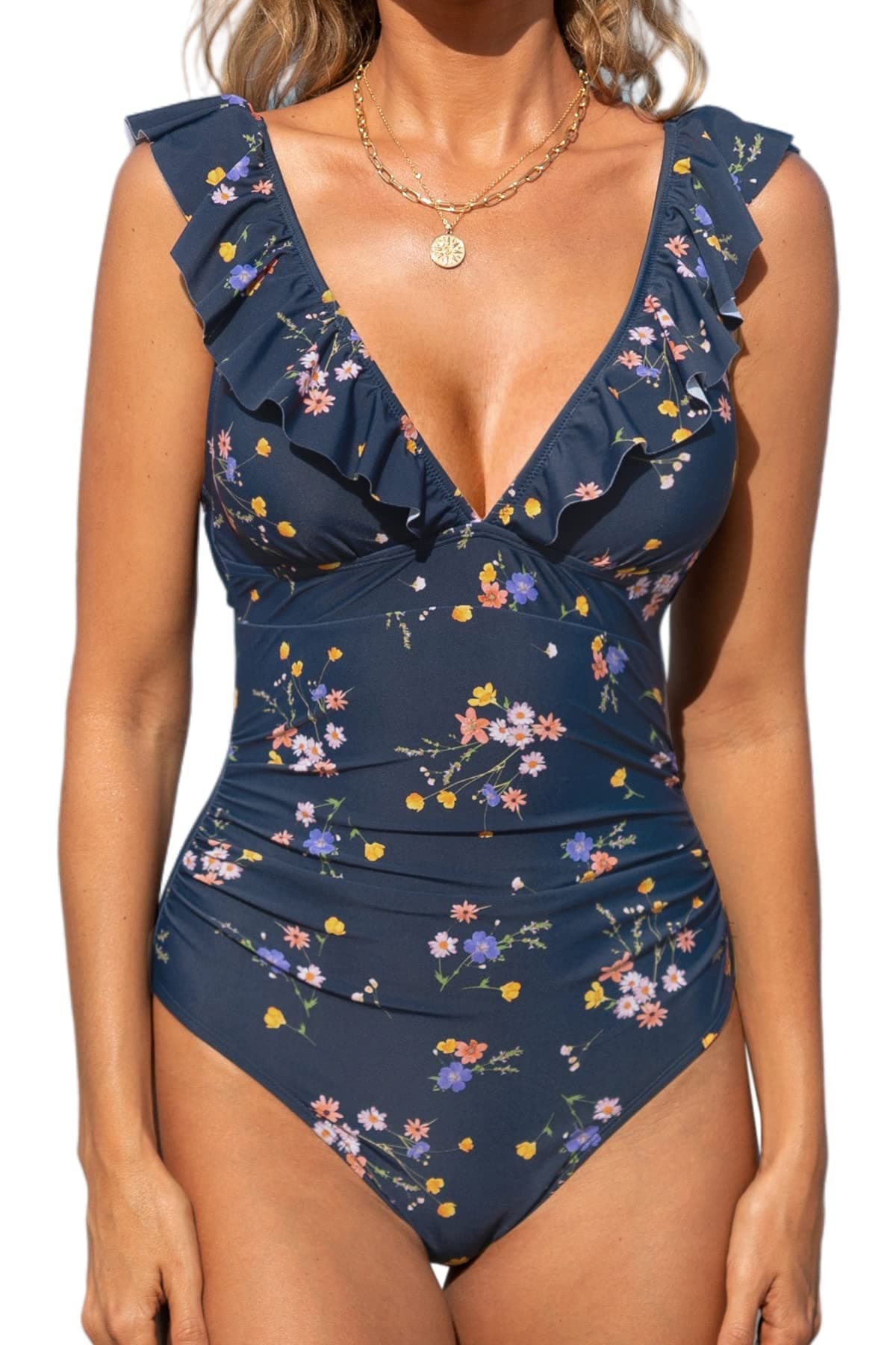 CUPSHE Damen Badeanzug Rüschen V Ausschnitt Monokinis Bauchweg Einteilige Bademode Swimsuit