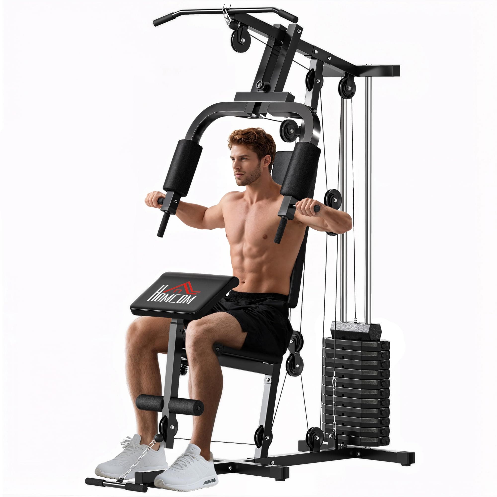 HOMCOM Station de Musculation Multifonction avec Stack de 65 kg, Double Poulie, Station de Développé Couché, Butterfly, Plateforme à Biceps & Développeur de Jambes, Noir