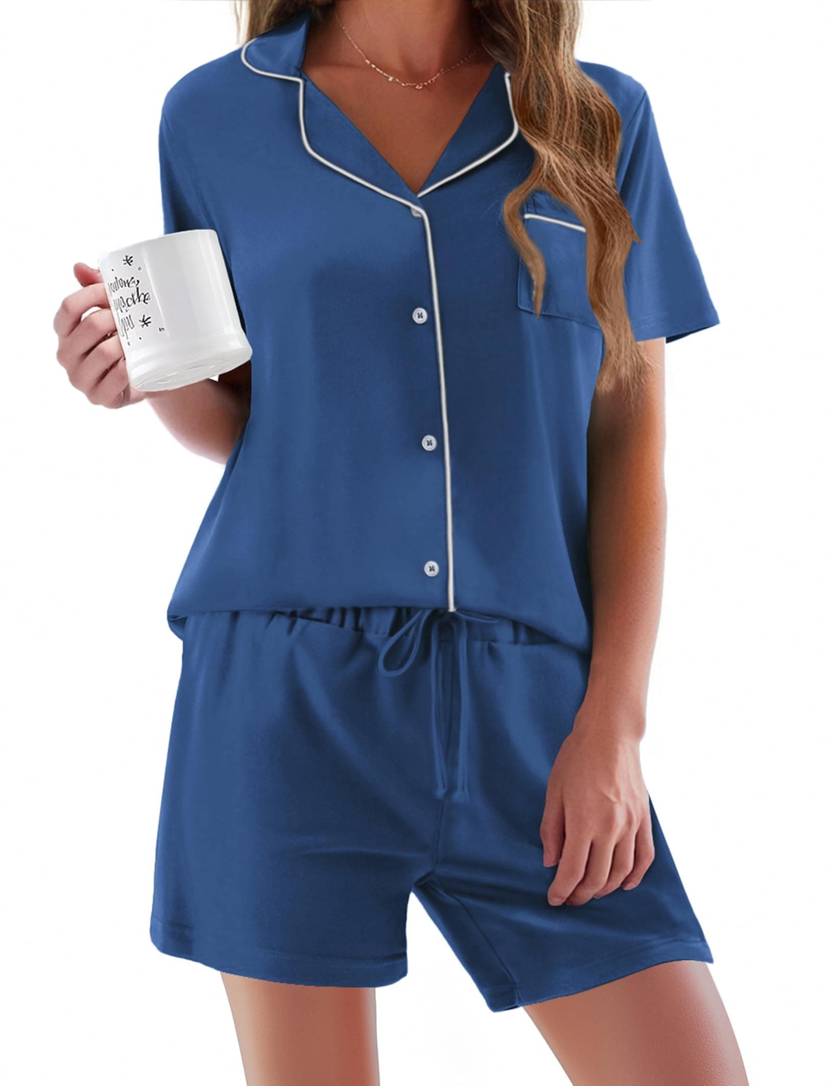 Ekouaer Schlafanzug Damen Kurz Pyjama Set Kurzarm Schlafanzüge Frauen Sommer Hausanzug Kurz Lounge Set Zweiteiliger Sleepwear mit Knöpfen und Taschen,S-XXL