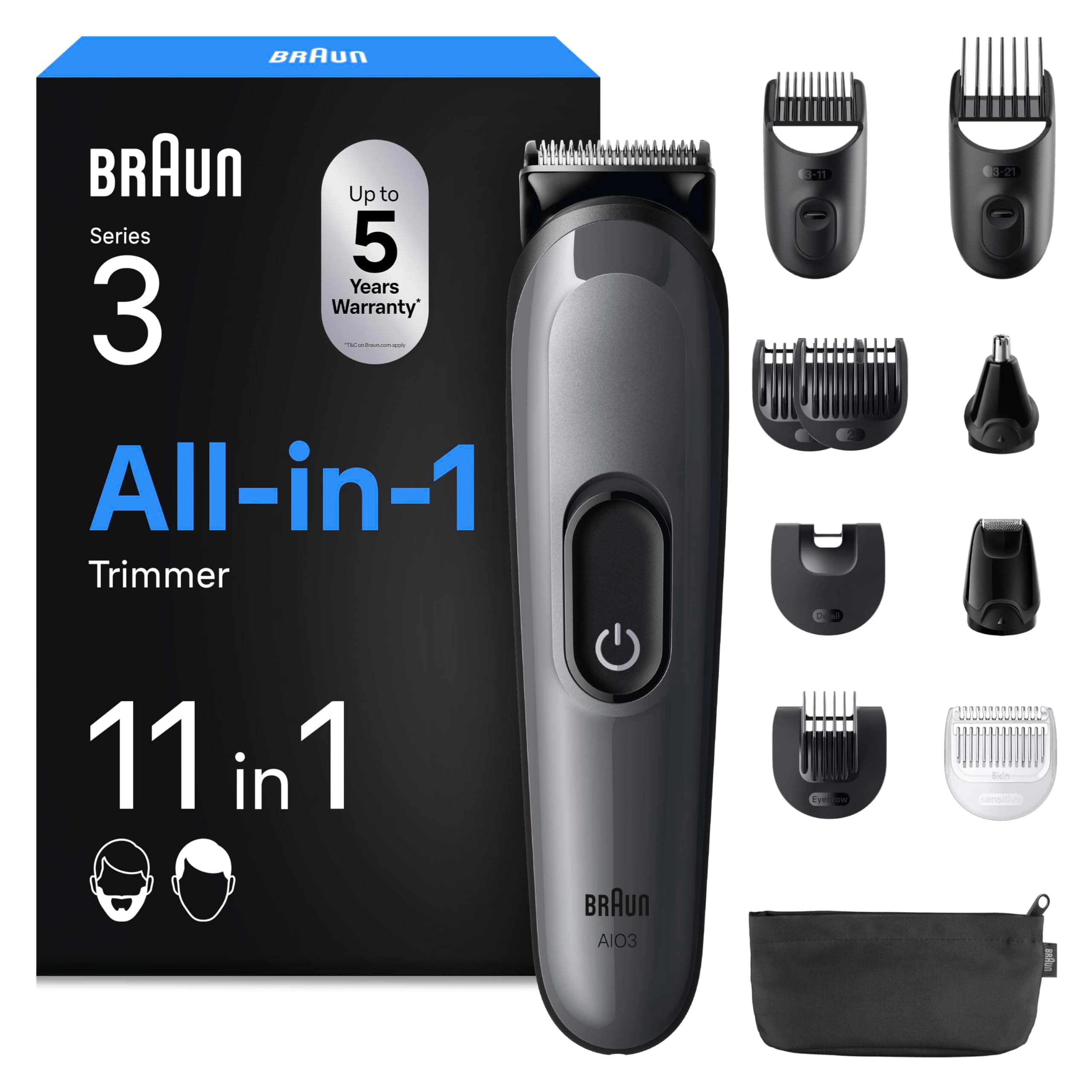 Braun Rifinitore All-In-One Series 3, Rasoio Elettrico Barba E Capelli 11In1, Con Lama Affilata A Vita, 14 Lunghezze, 50 Min di Autonomia, Rifinitore All-In-One Per Viso E Capelli, AIO3565 Grigio