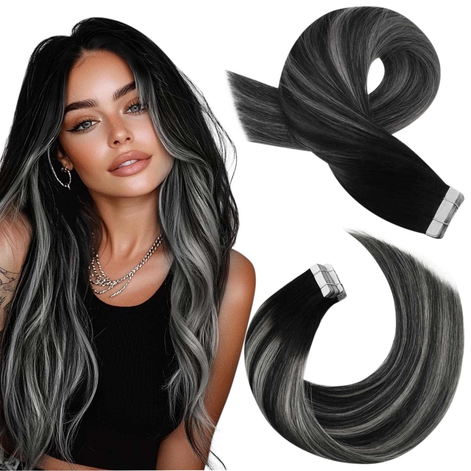 Moresoo Extension Cheveux Naturel Adhesif Balayage Remy Extension Adhesive Cheveux Humain Noir avec Argenté #1B/Silver/1B 55 cm 20 Pièces 50g