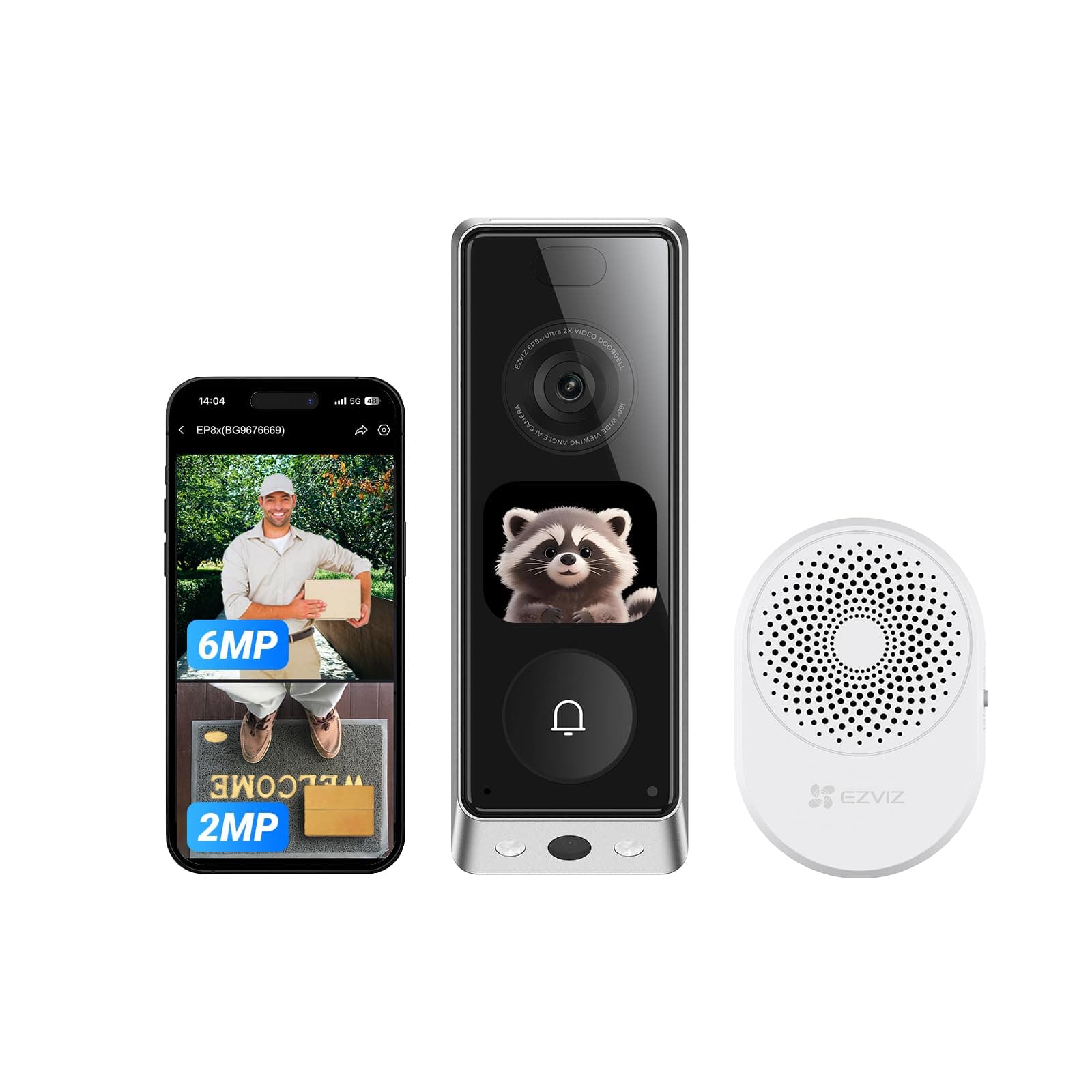 EZVIZ Video Türklingel mit Dual-kamera 6MP&2MP und Chime, WLAN Klingel Kabellos, 2*9600mAh Akku, Integriertem Bildschirm, Personen-/Paketerkennung, 32GB interner Speicher, Farb-Nachtsicht, EP8 Ultra