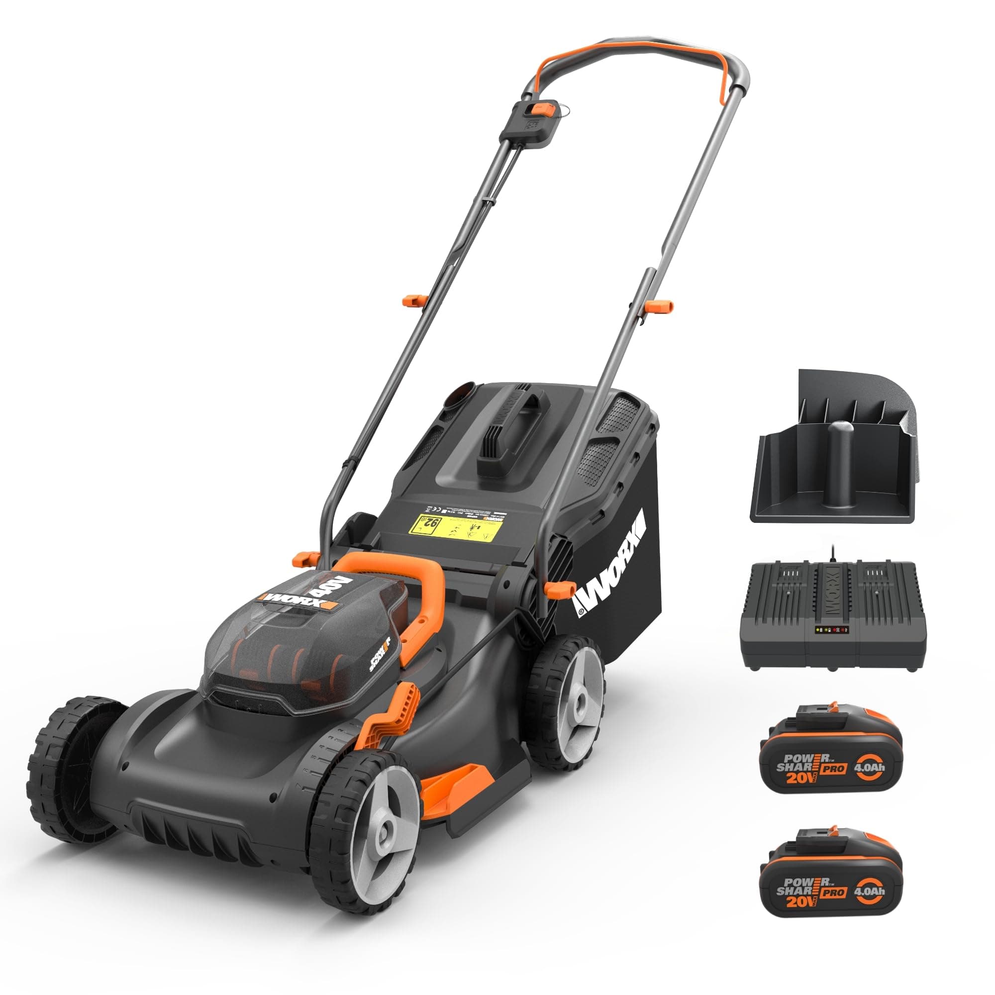 WORX Tondeuse à Gazon sans Fil 40V WG743E, Surface Max 500 m², Coupe de 40cm, Tonte jusqu'aux Bordures, 7 Hauteurs de Coupe, silencieuse, livrée avec 2 Batteries 4Ah et 1 Chargeur Double