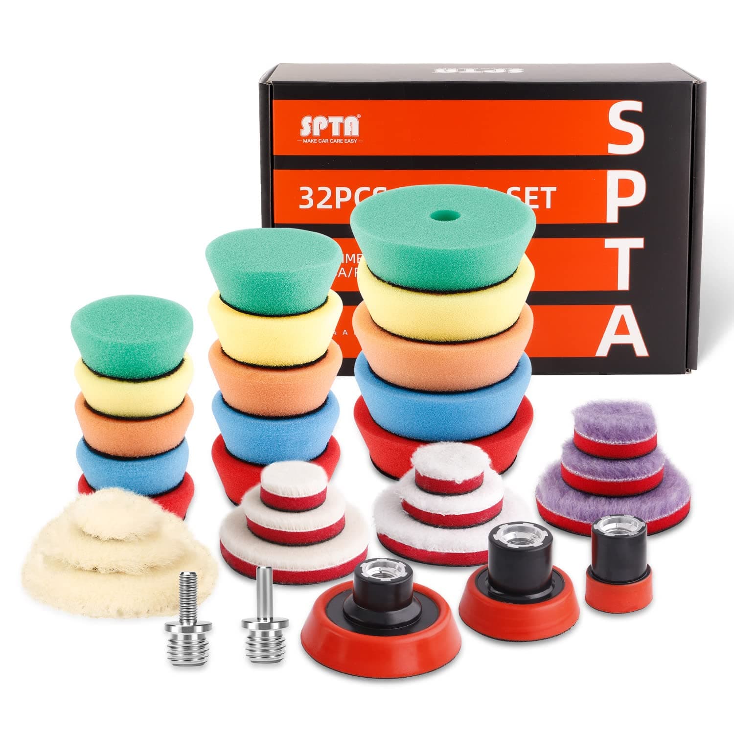 SPTA Mini Polierschwamm, 32tlg 25mm 50mm und 80mm Polierschwämme Auto Polierscheibe M14 Adapter Bohren für exzentrische Poliermaschine schleifmaschine