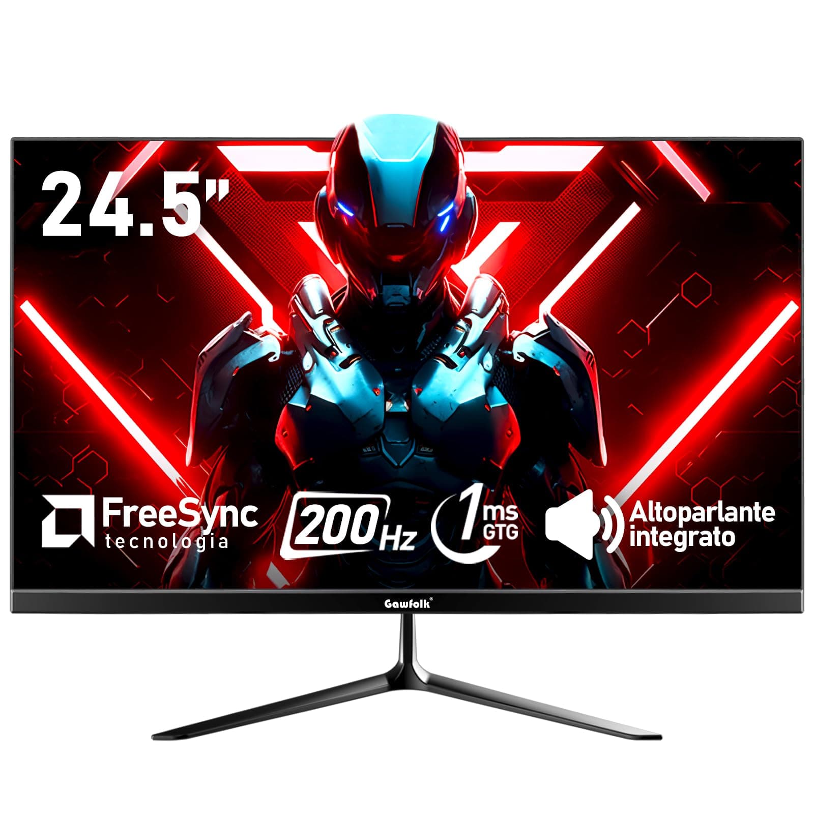 Gawfolk Monitor per computer gioco 24,5 pollici per PC 200Hz, schermo FHD 1080p, altoparlanti integrati, 1 ms senza cornice, Freesync, 99% sRGB, DisplayPort, HDMI, montaggio a parete 75 * 75mm - nero