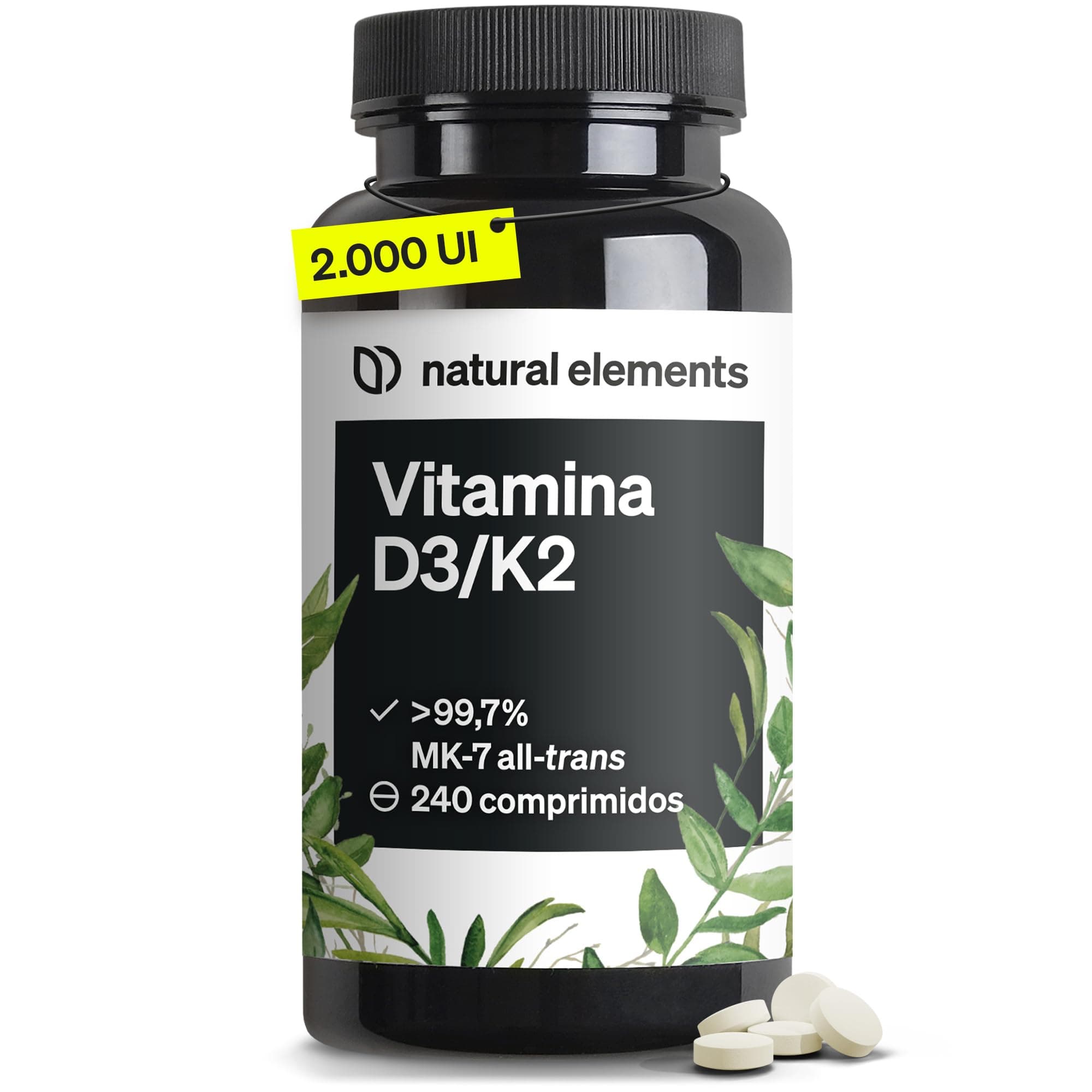 Vitamina D3 y K2 - >99,7% all-trans MK-7 & 2000 UI Vitamina D3-240 comprimidos - alta dosis, alta biodisponibilidad - sin aditivos innecesarios