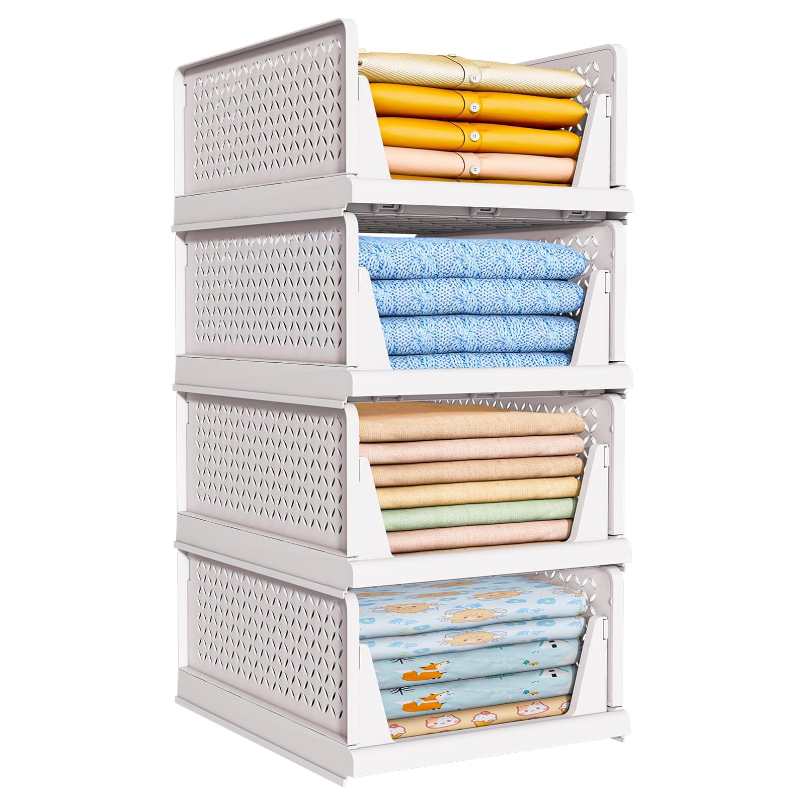TidyIsles 4 Unidades de Organizador Armario Plegables y Apilables, Cajonera Organizadores de Plastico y Separadores, Plástico de Ropa Almacenamiento y Organización para Dormitorio y Baño, Blanco