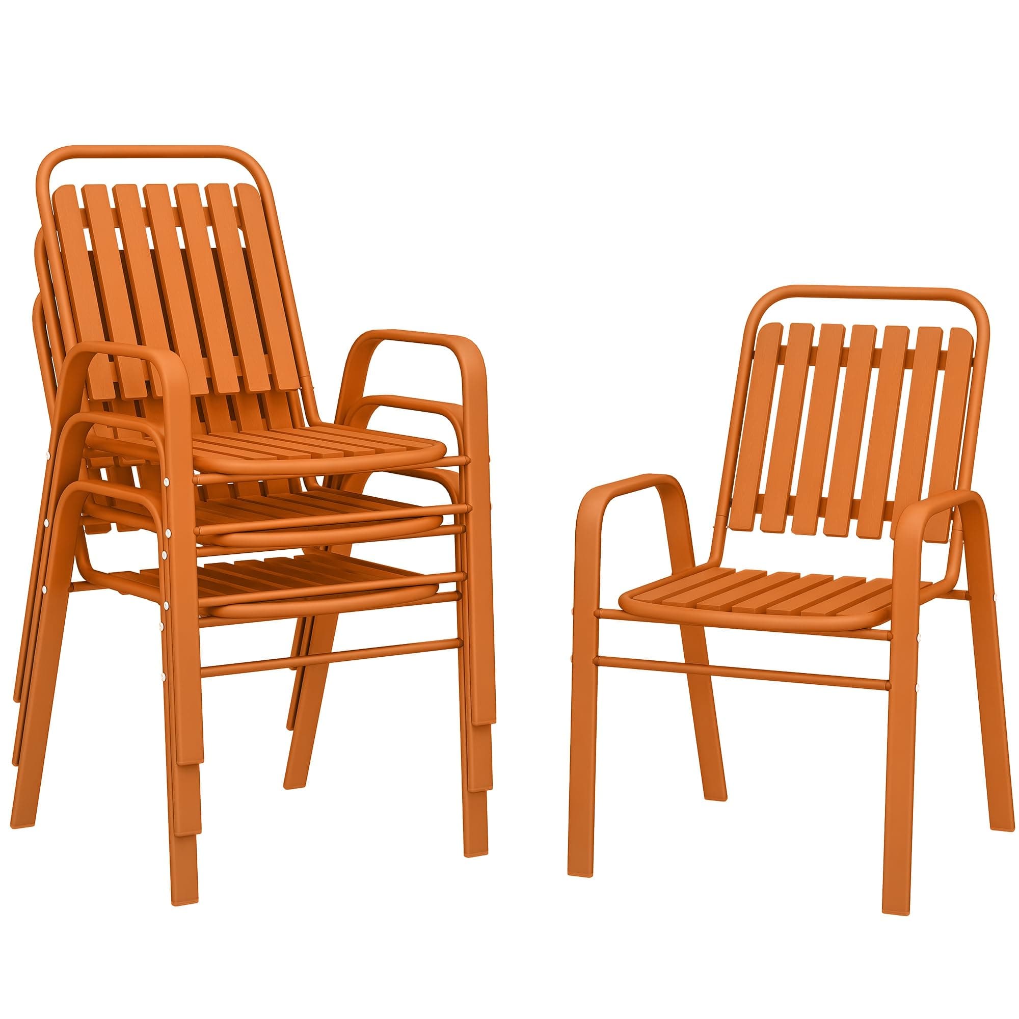 Outsunny Lot de 4 chaises de Jardin chaises empilables d'extérieur avec Haut Dossier et accoudoirs, Cadre en Acier pour Jardin, Piscine, terrasse, Orange