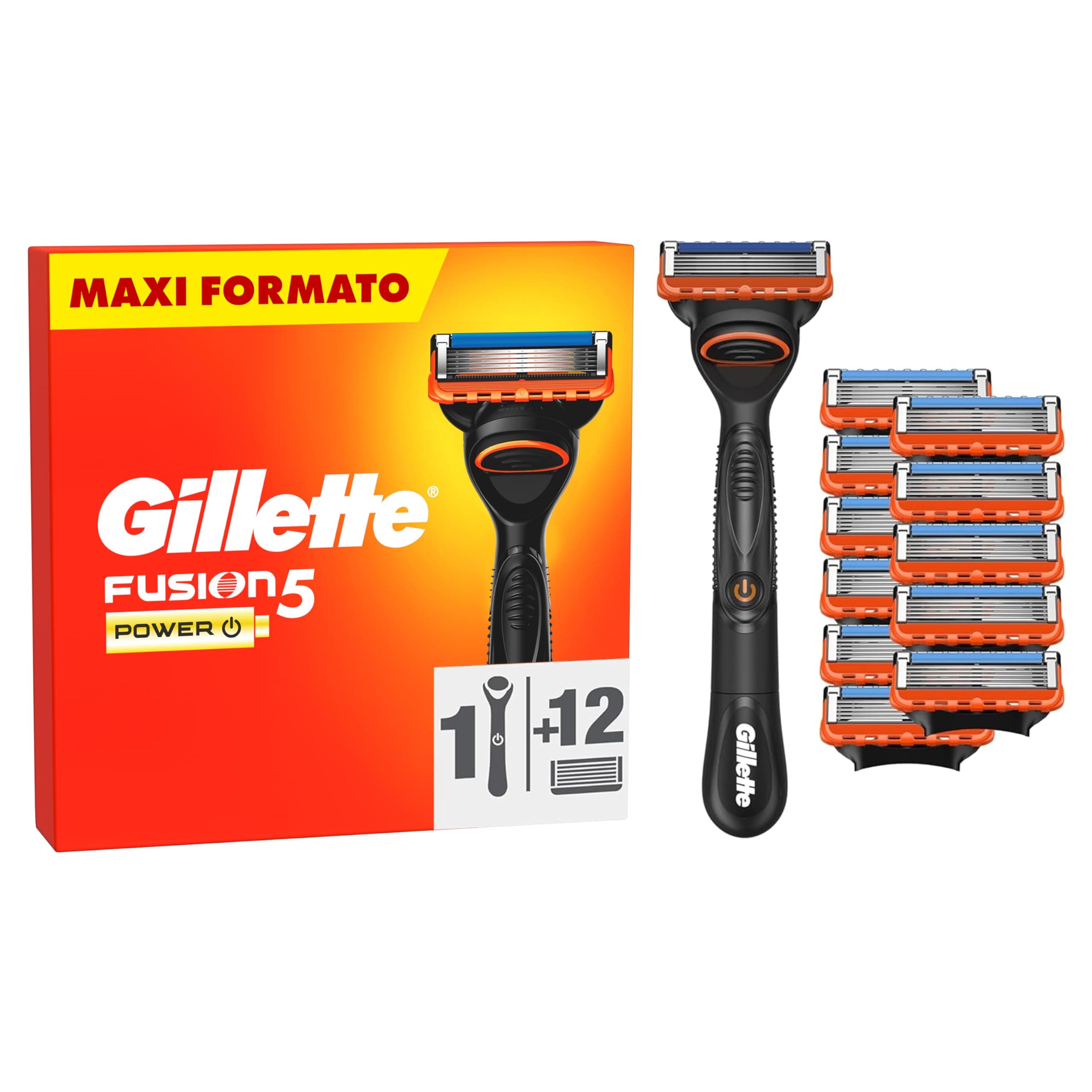 Gillette Fusion 5, 1 Rasoio Barba Manuale e 12 Lamette Da Barba Di Ricambio per Rasoio Manuale Fusion5, da 5 Lame, Rasatura Scorrevole con Striscia Lubrificante, Fino a 1 Mese di Rasatura per Lametta