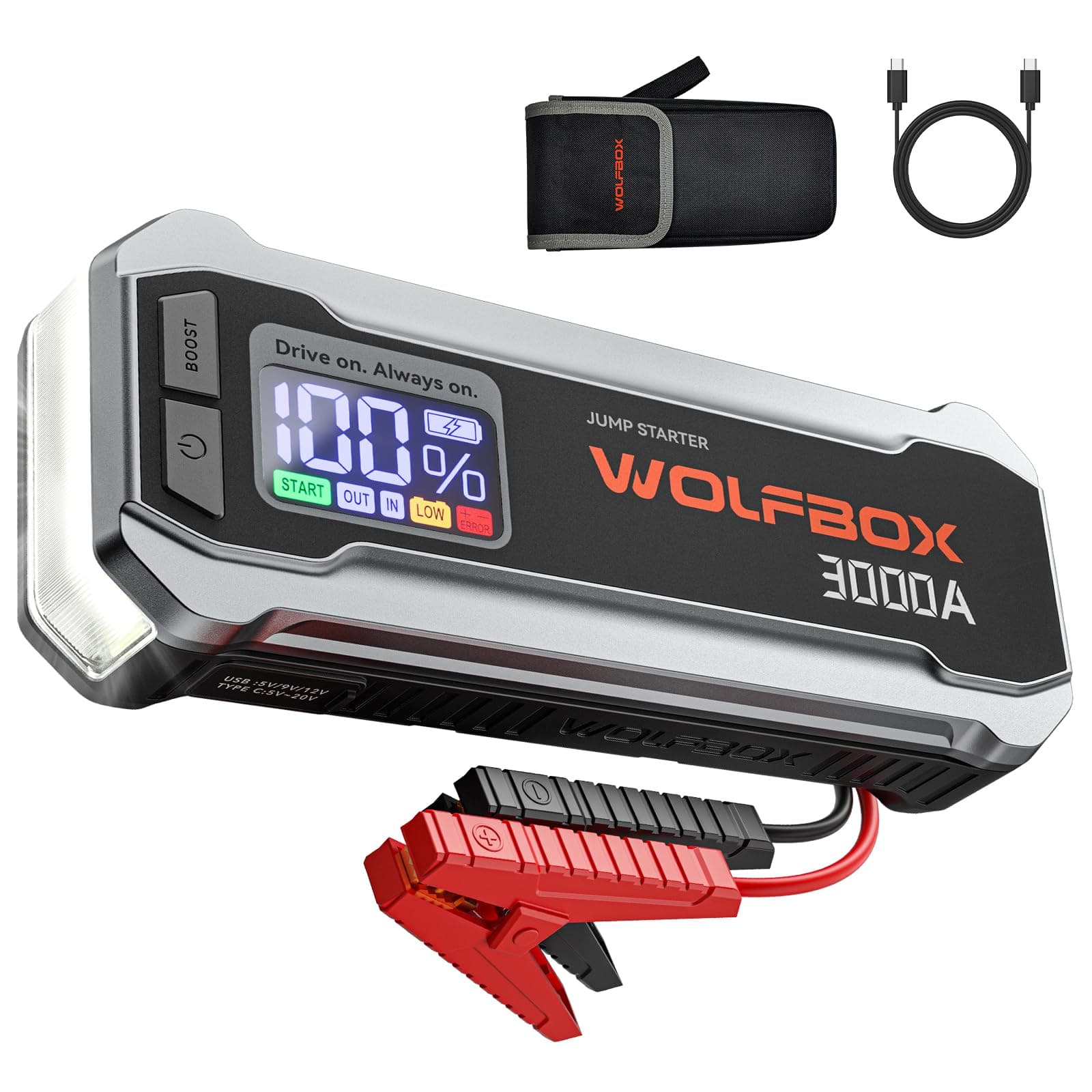 WOLFBOX Booster Batterie Voiture 3000A, Démarreur de Batterie Portable 59.2Wh (Moteur Essence 6L et Diesel 8L), 12V Jump Starter avec Chargeur Rapide 65W, Écran LCD, lumière LED