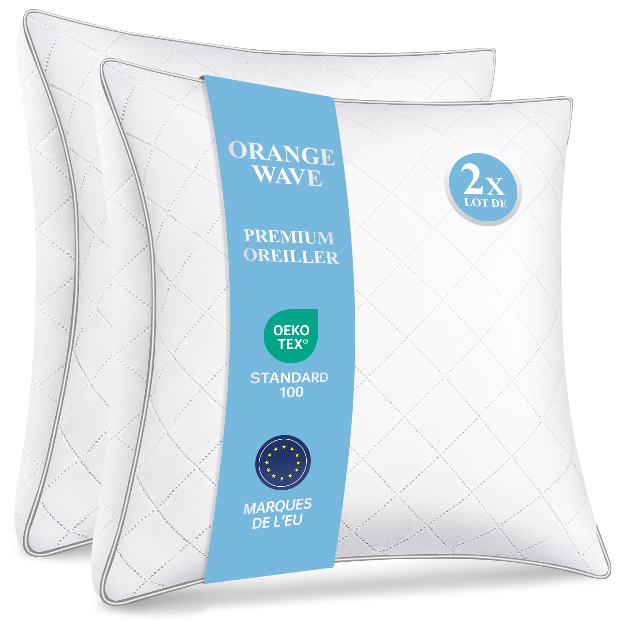 Orange Wave Oreillers 65x65 cm Lot de 2, Oreiller en Microfibre Hypoallergénique et Moelleux, Coussin Respirant et Doux, Oreillers Qualité Hotel Idéal pour Dormeurs sur Le Côté et Le Dos