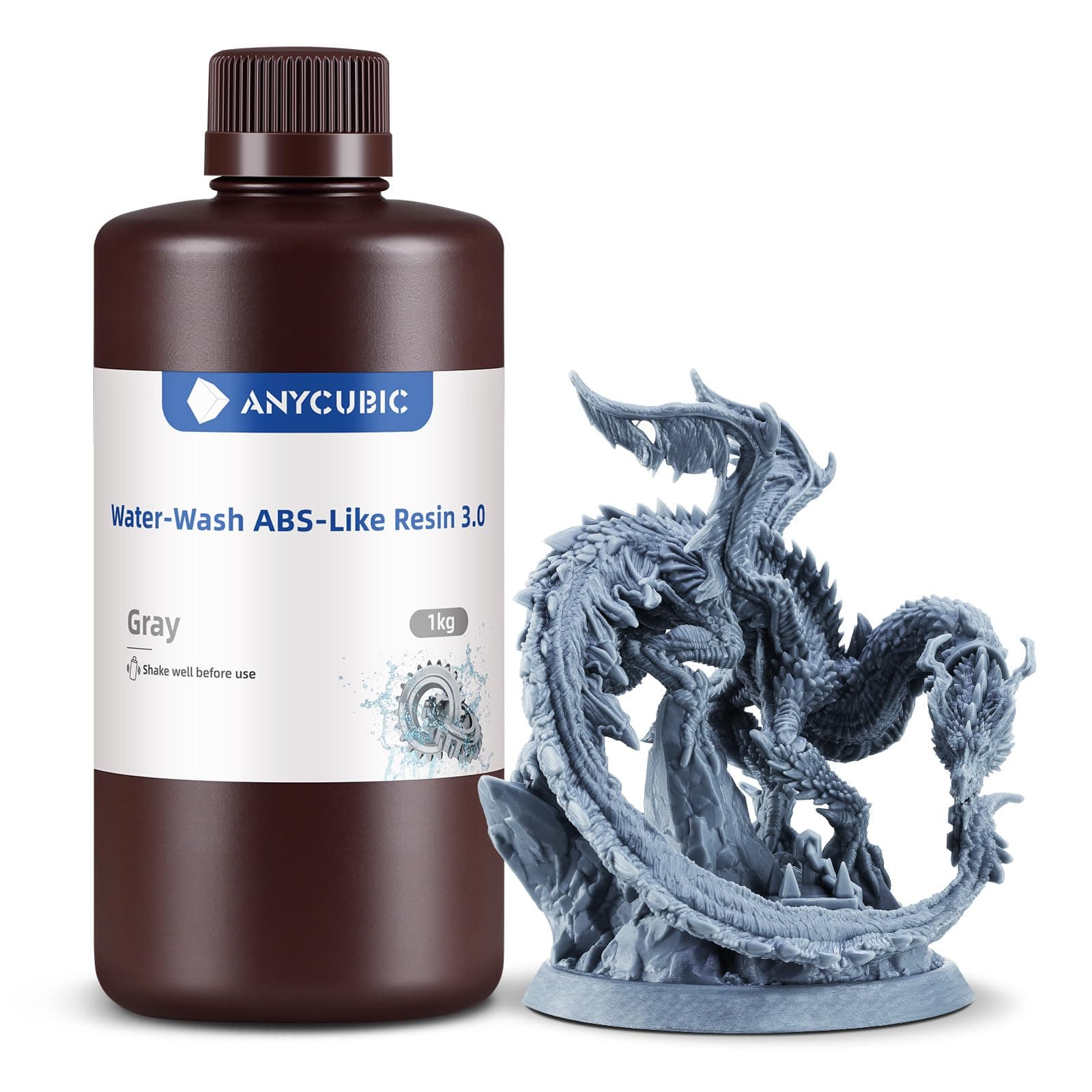 ANYCUBIC Wasser Waschbares ABS-Like Resin 3.0, 3D Drucker Resin mit Hohe Festigkeit und Zähigkeit, Geruchsarm, Hochpräzises 405nm UV-härtendes Harz für alle Harz 3D Drucker, Grau 1000g