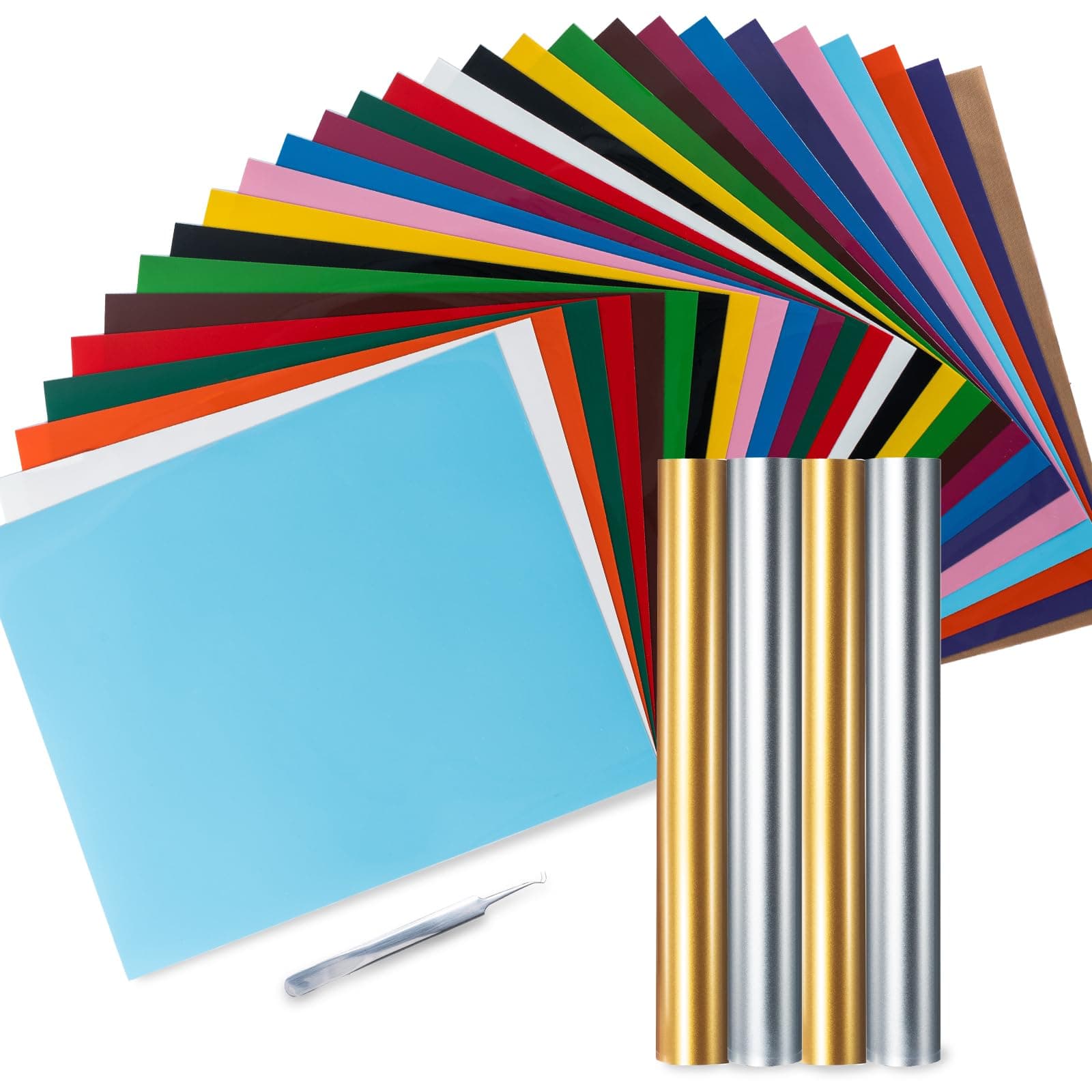 Ohuhu PU Plotterfolie Textil, 30 Stück Leicht zu Schneiden & zu Entgittern, Hohe Elastizität, 26 Klassische Farben 2 Gold 2 Silber Flexfolie Plotter Textil für Cricut, DIY T-Shirts Textilien & Logo