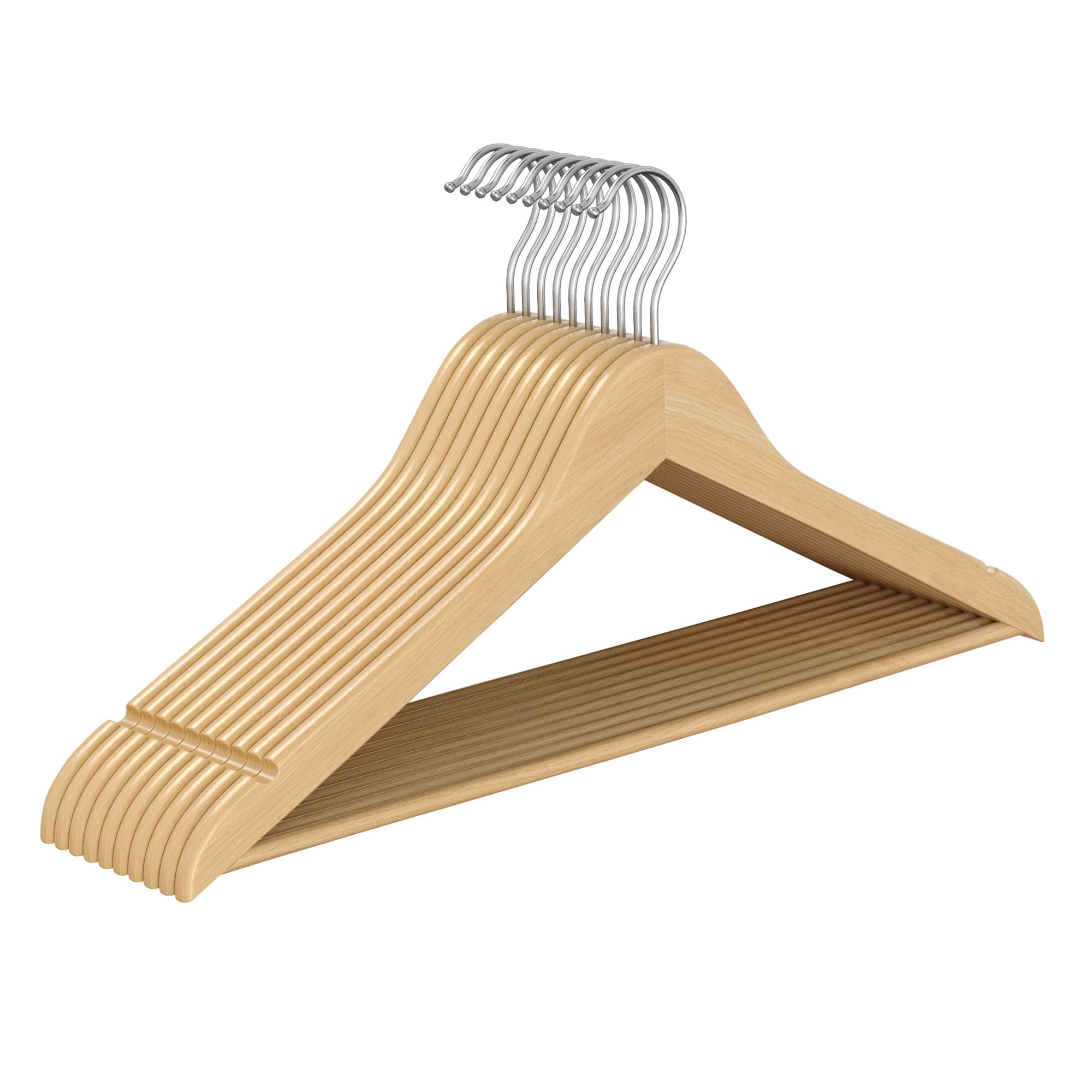 SONGMICS Kleiderbügel Holz, 10er Set, Holzbügel schlank, Bügel, platzsparend, Hosenbügel, 360° drehbarer Haken, Birkenholz, für Träger und Jacken, naturfarben CRW035KZ01