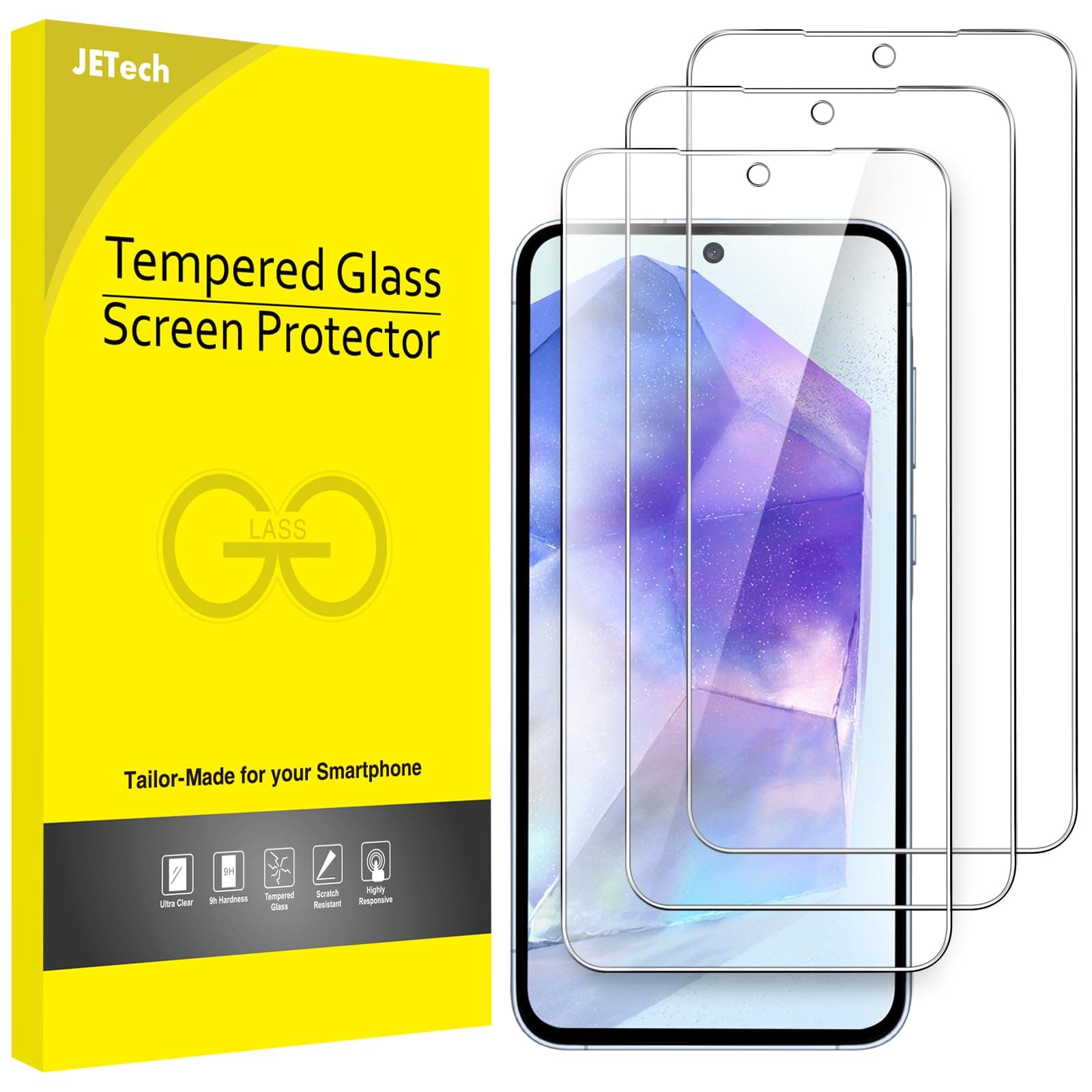 JETech Schutzfolie für Samsung Galaxy A55 5G 6,6 Zoll, 9H Gehärtete Glas Displayschutz, Anti-Kratzer, HD Klar, 3 Stück