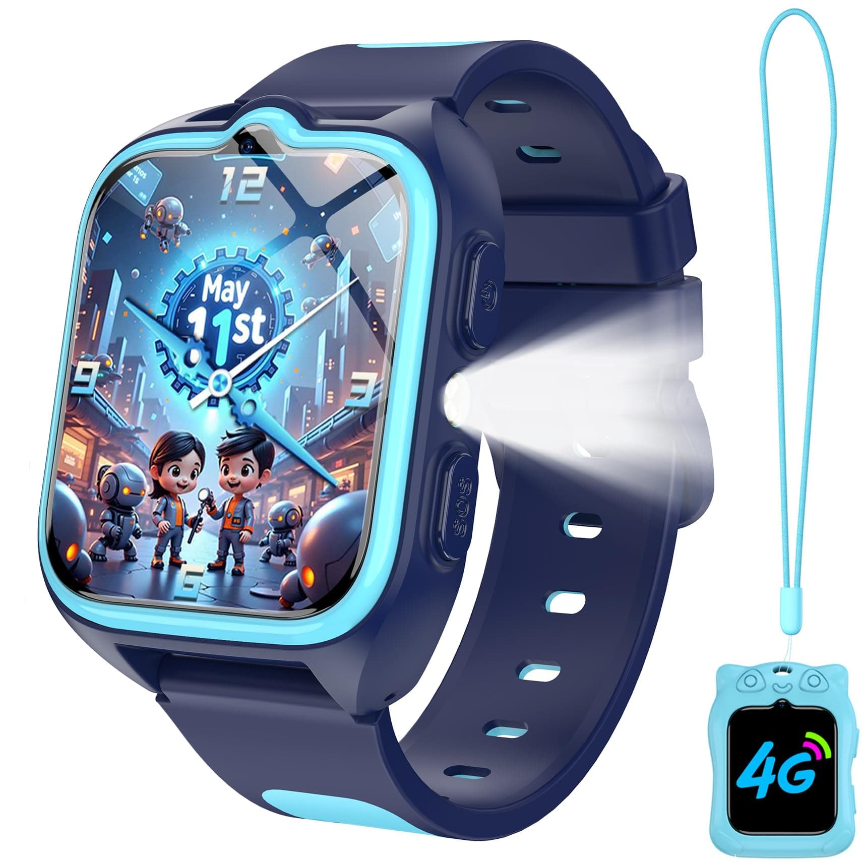 IOWODO Montre Connectée Enfants 2025 | 4G LTE avec SIM | GPS Traceur + SOS Appel Urgence | Batterie | Appels Vidéo et Chat Vocal |Mode école et Zones de Sécurité | 5-12 Ans (Bleu)