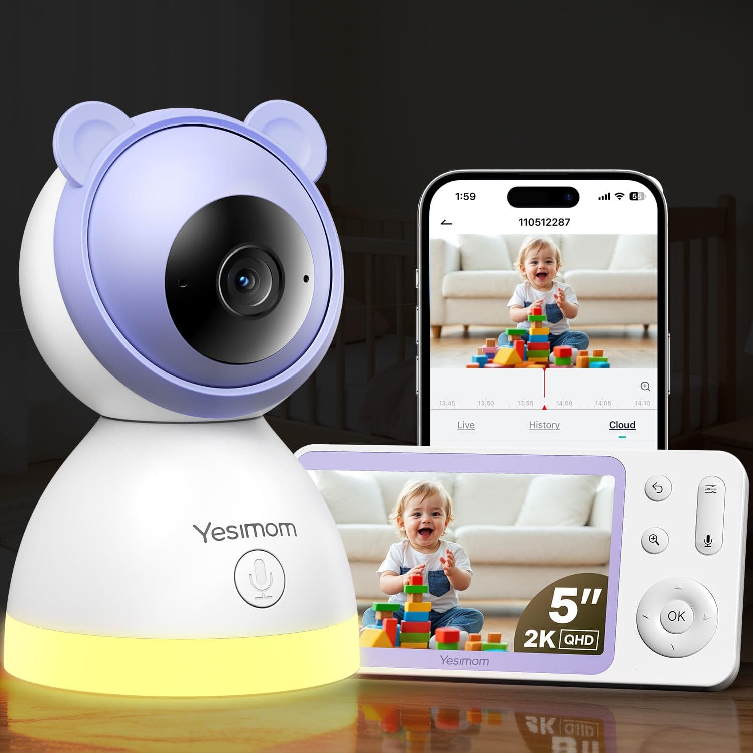 YESIMOM Camara Vigilancia Bebe 2K 3MP con 5" Monitor Portatil, Vigilabebes App Remota, 360° Visión Nocturna 940nm sin Luz Roja, Detección de Llanto,Recordatorio Alimentación, Sin Suscripción