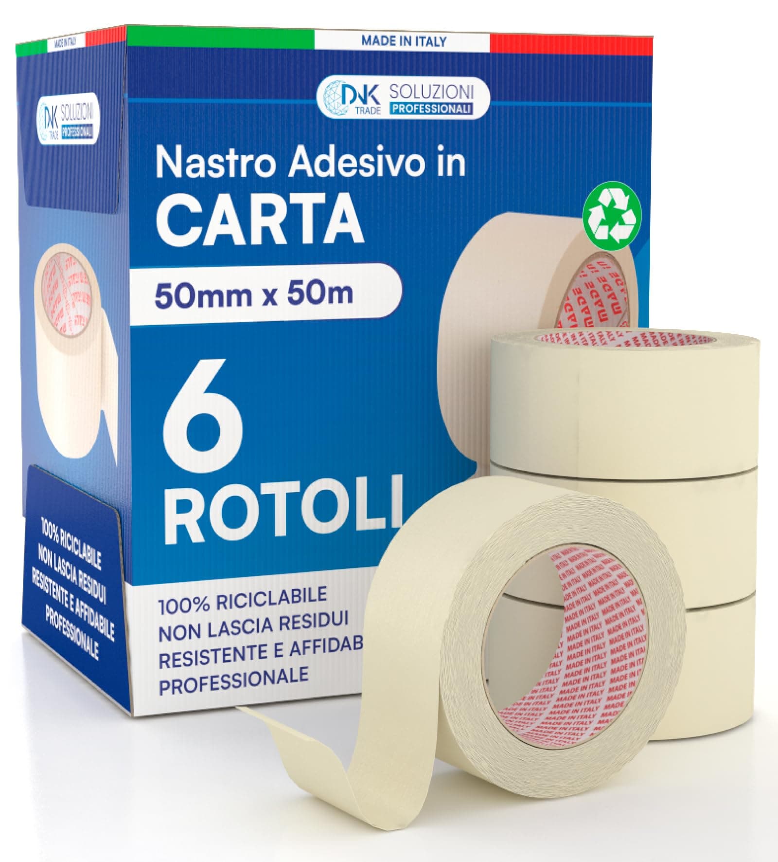 DNK TRADE Nastro di Carta - 6 Rotoli di Nastro da Imbianchini 50mm x 50m - Carta Gommata Professionale 50x50 Riciclabile per Mascheratura Pittura e Imbiancatura