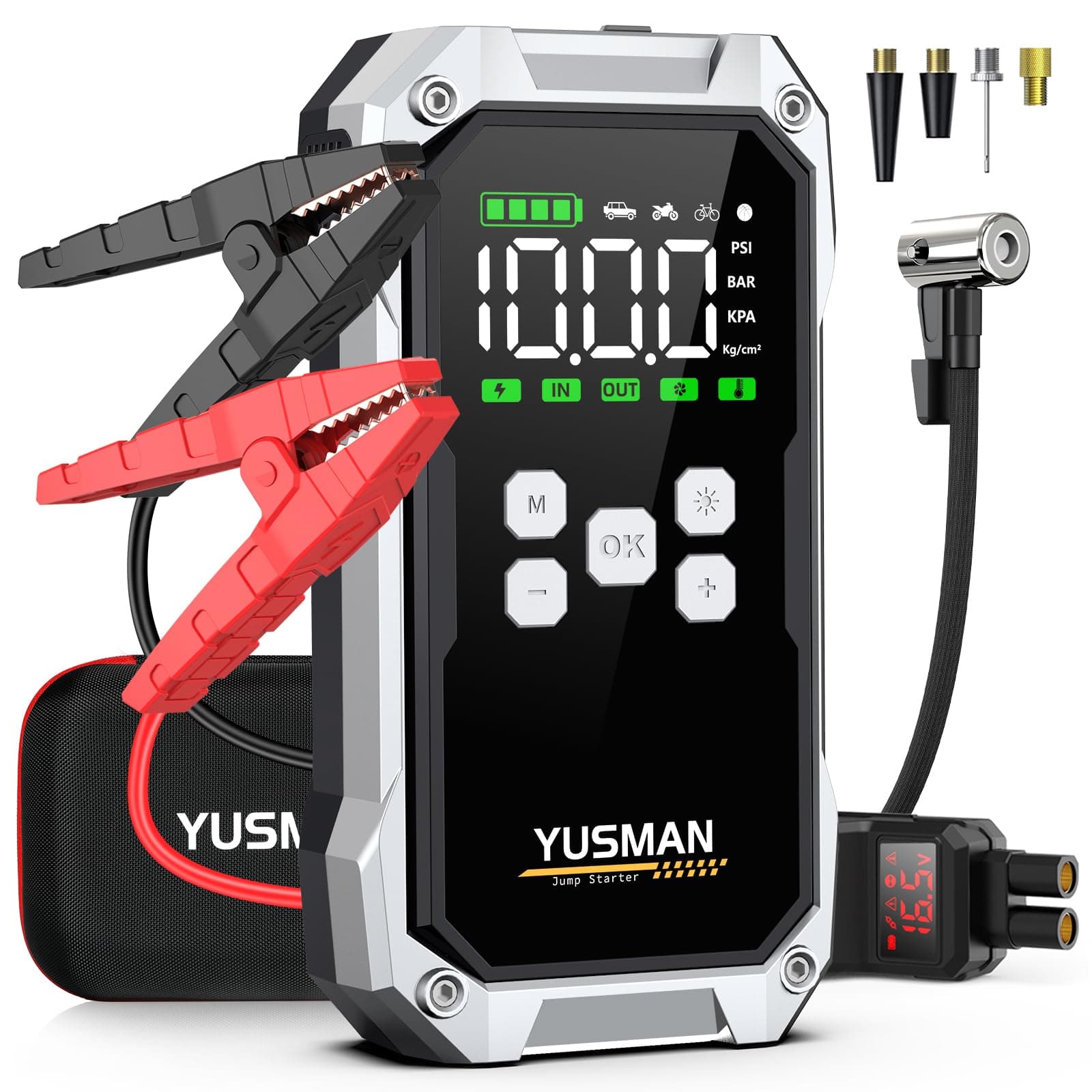 Booster Batterie Voiture 8000A, 160PSI Gonfleur Pneus Voiture, 12V Car Battery Jump Starter(Tous Gaz/Essence & 10L Diesel), Pinces Sécurité Intelligentes, LED