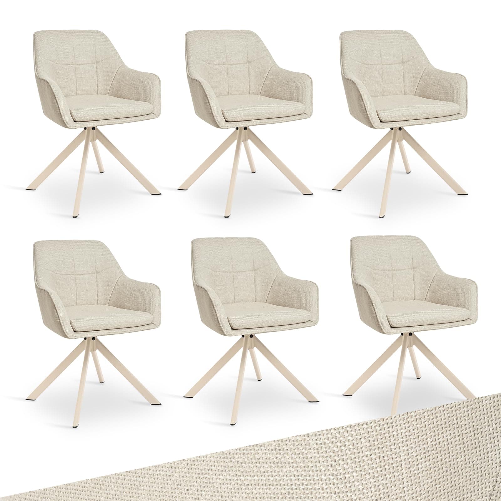 Goeurvant Lot de 6 chaises de salle à manger pivotantes avec accoudoirs – Chaise rembourrée moderne pivotante à 360° pour cuisine avec structure en métal beige et dossier pour salle à manger, bureau