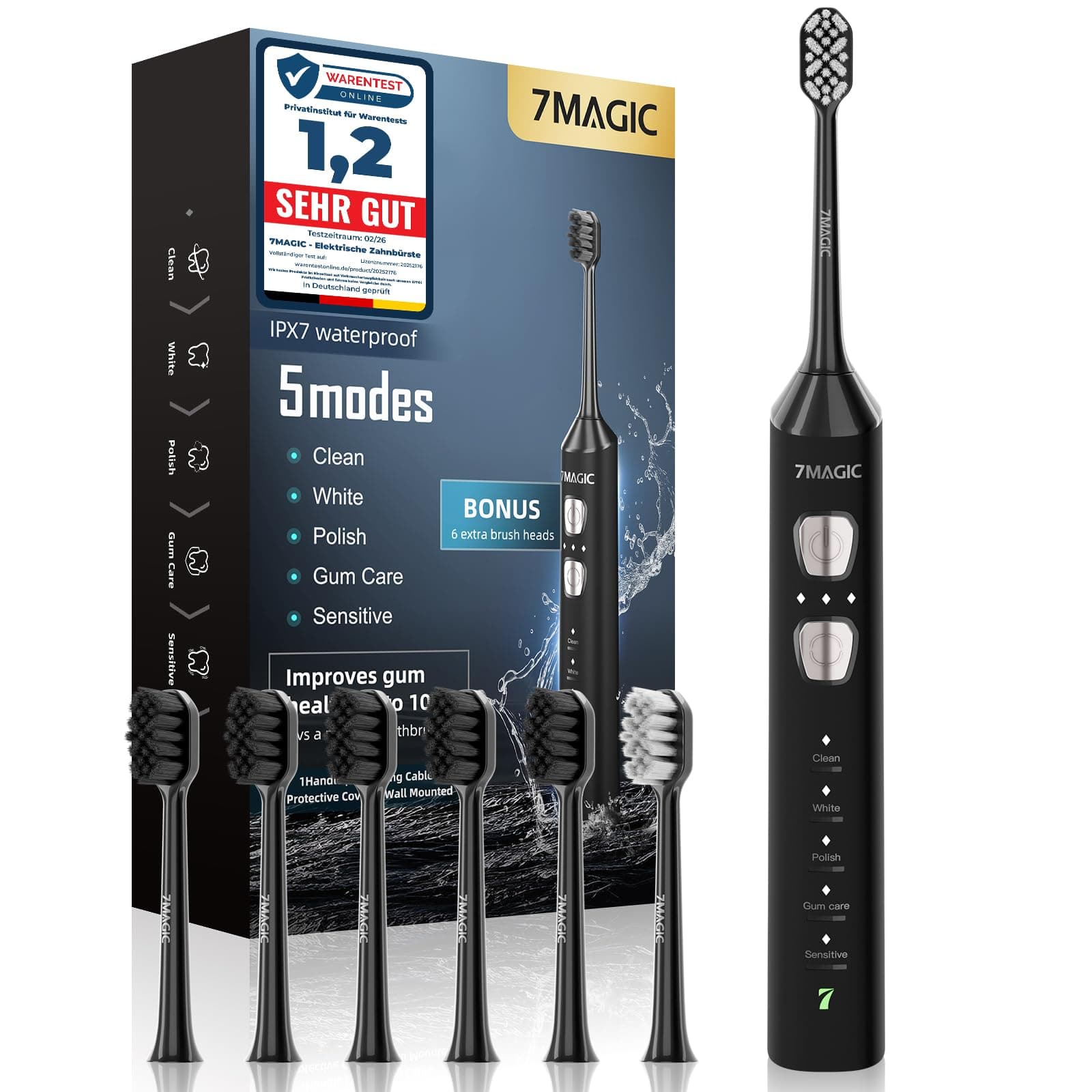 Brosse à Dent Électrique, Brosse a Dent Sonique, Brosse a Dent Electrique - 3 Intensités 5 Modes, 40000VPM, IPX7, Brosse à Dents Électrique Ultrasoniques Autonomie de Batterie de 180 Jours, Noir