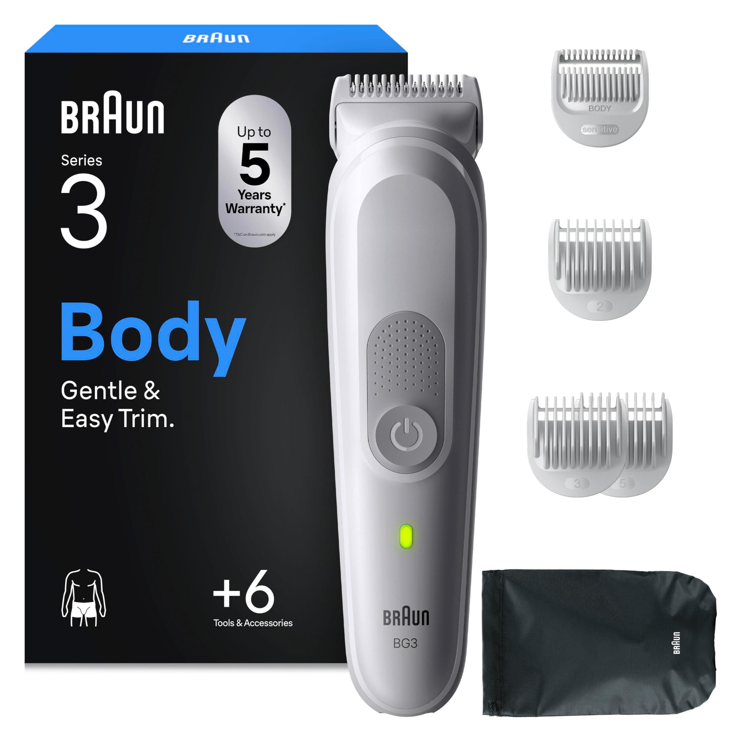 Braun Rasoio Elettrico Corpo Uomo Series 3, +6 Strumenti Di Rasatura, Con Tecnologia SkinGuard, 80 Min Di Utilizzo, Impermeabile, Rasoio Parti Intime Uomo, BG3575, Grigio