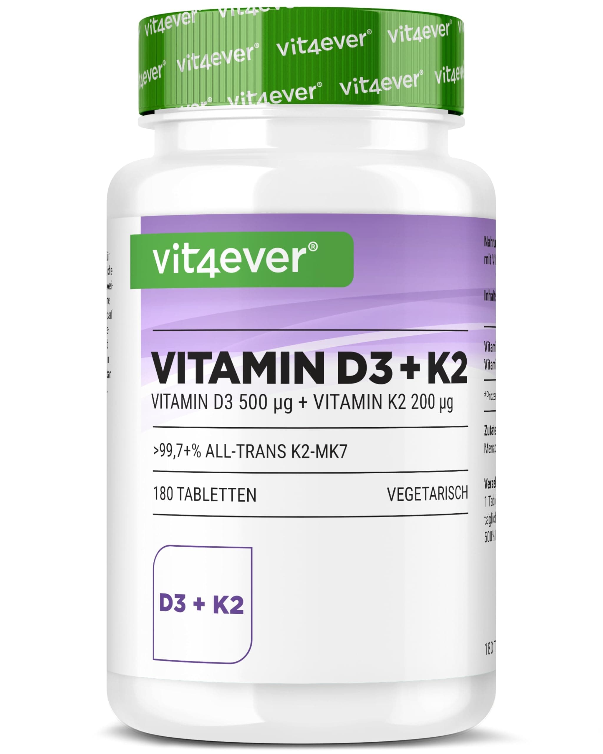 vit4ever Vitamin D3 20.000 I.E + Vitamin K2 200 µg MK7 Depot - 180 Tabletten - Hochdosiert - 99,7% All-Trans MK7 -Vegetarisch - Premium Qualität - Ohne unnötige Zusätze