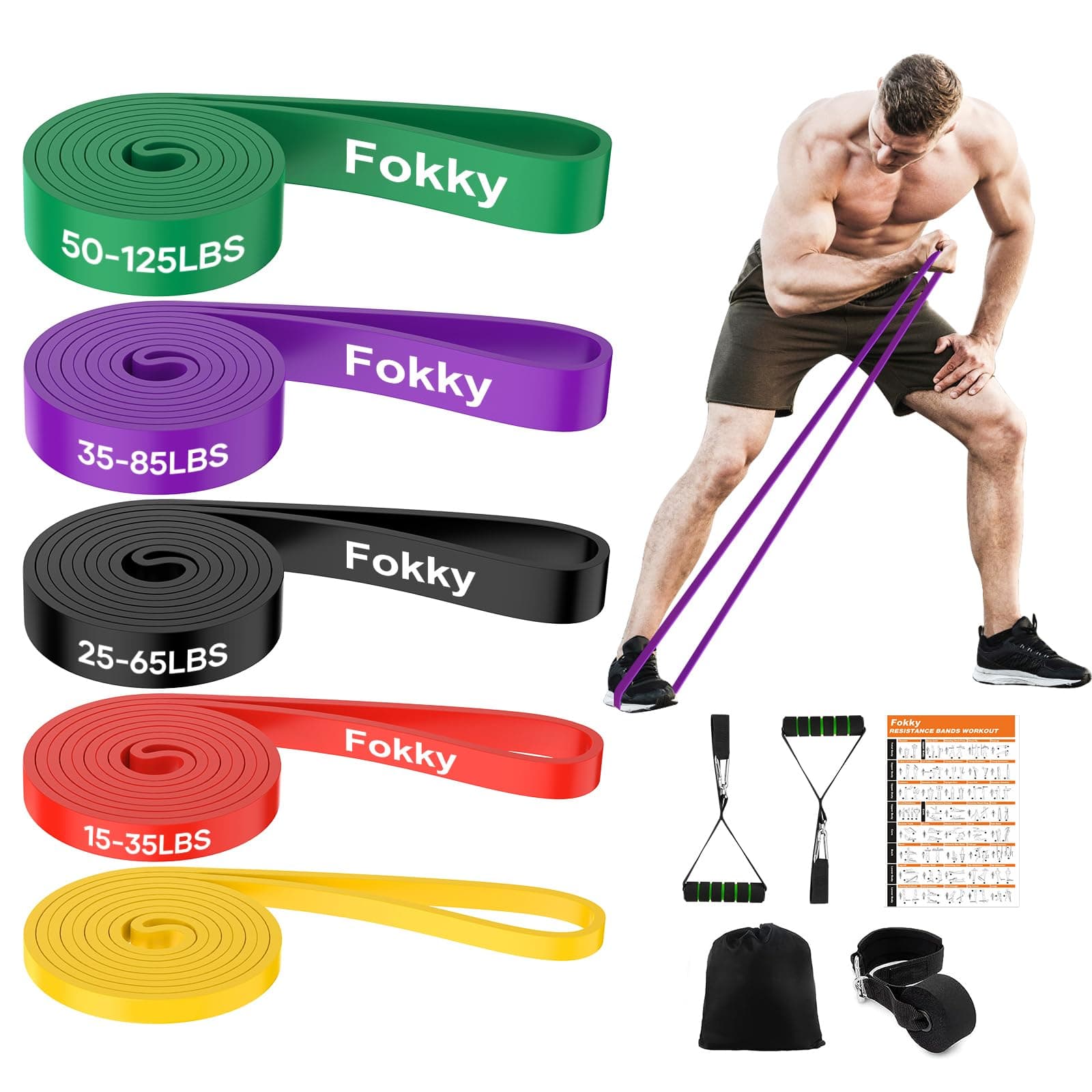 Fokky 5 Livelli di Resistenza Elastici Fitness, 5-125LBS Elastico Palestra con Ancoraggio Porta e Maniglie, Fascia Elastica Fitness per Allenamento, Stretching, Trazioni, Allenamento di Forza