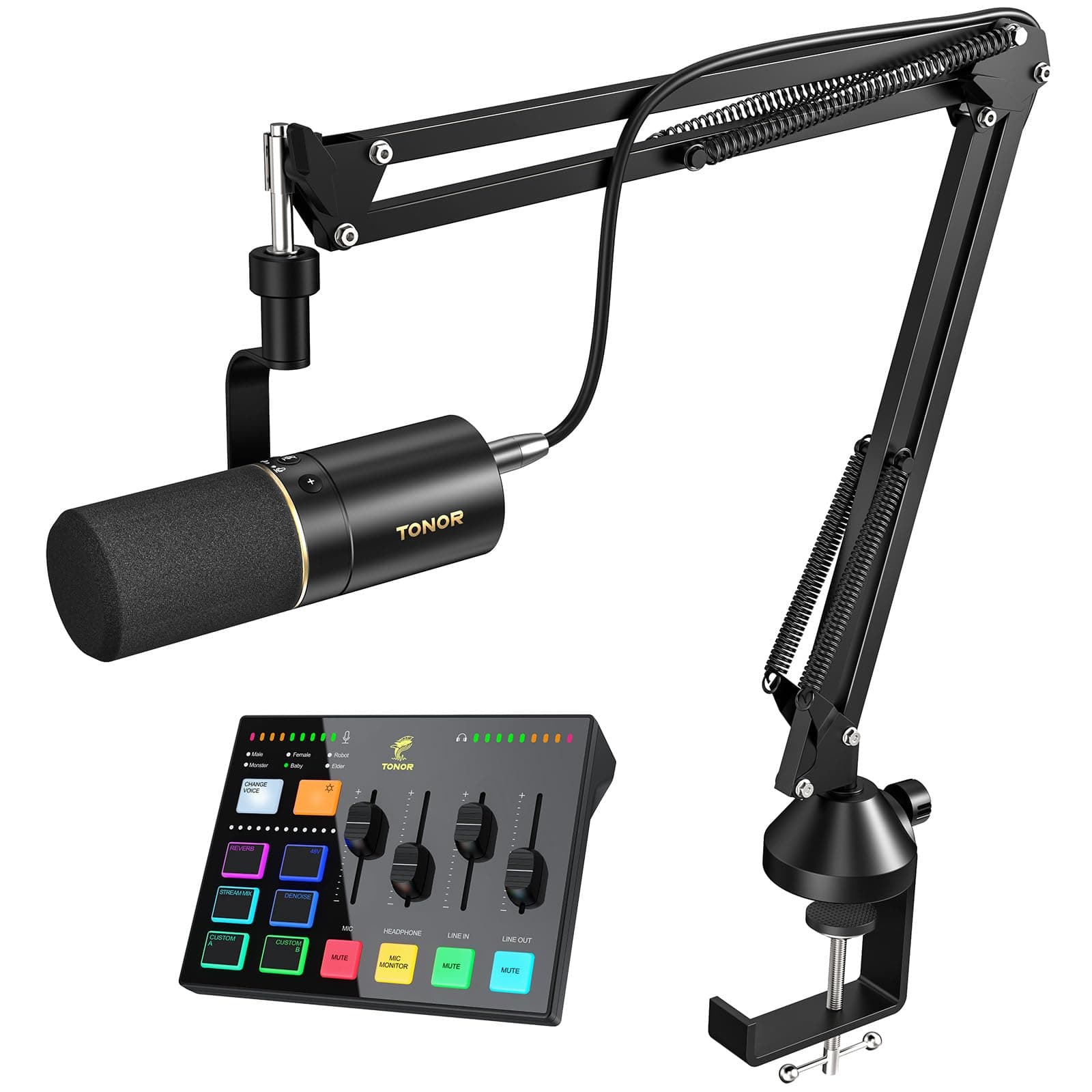 TONOR Ensemble D'équipements de Podcast, Micro Cardioïde Dynamique USB/XLR et Mixeur Audio pour PC, Microphone de Studio pour Podcasting, Gaming, Streaming, Enregistrement Vocal, E7