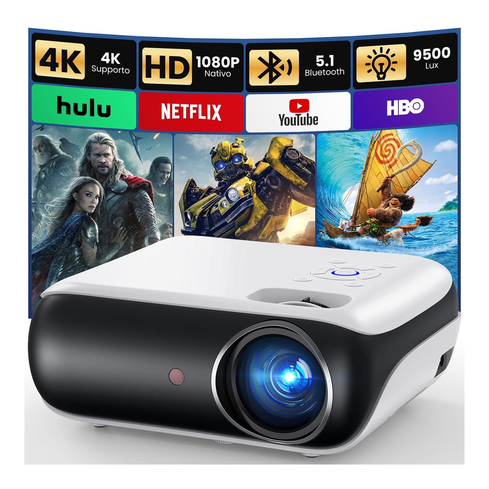 HAPPRUN H1 Proiettore 4K, Videoproiettore Portatile 1080P Full HD Bluetooth 5.1,Projector da Esterno Compatibile con HDMI/TV Stick/USB/PS5/Laptop