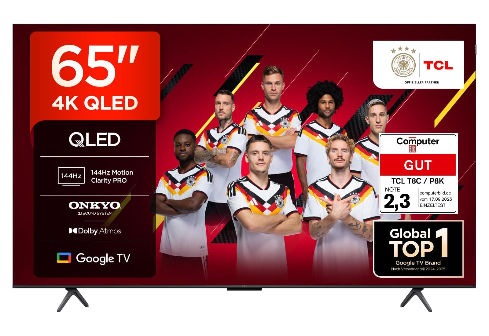 TCL 65T8C 65 Zoll QLED 4K HDR UHD Fernseher, Smart Google TV Dolby Vision Atmos,144Hz Motion Clarity Pro, Game Bar, ALLM, FreeSync, Onkyo 2.1 Sound, Sprachsteuerung, Kompatibel mit Google Assistant