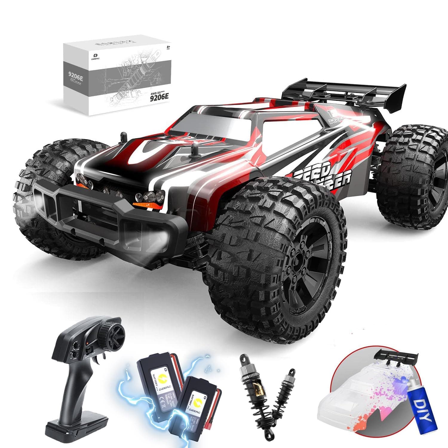 DEERC 9206E RC Ferngesteuertes Auto mit 48 km/h High Speed, 4WD 1:10 CAR Off-Road 2.4GHz Funkfernsteuerung Monstertruck Buggy,2 Akku Lange Laufzeit,Crawler Spielzeug Rennwagen für Kinder Erwachsene