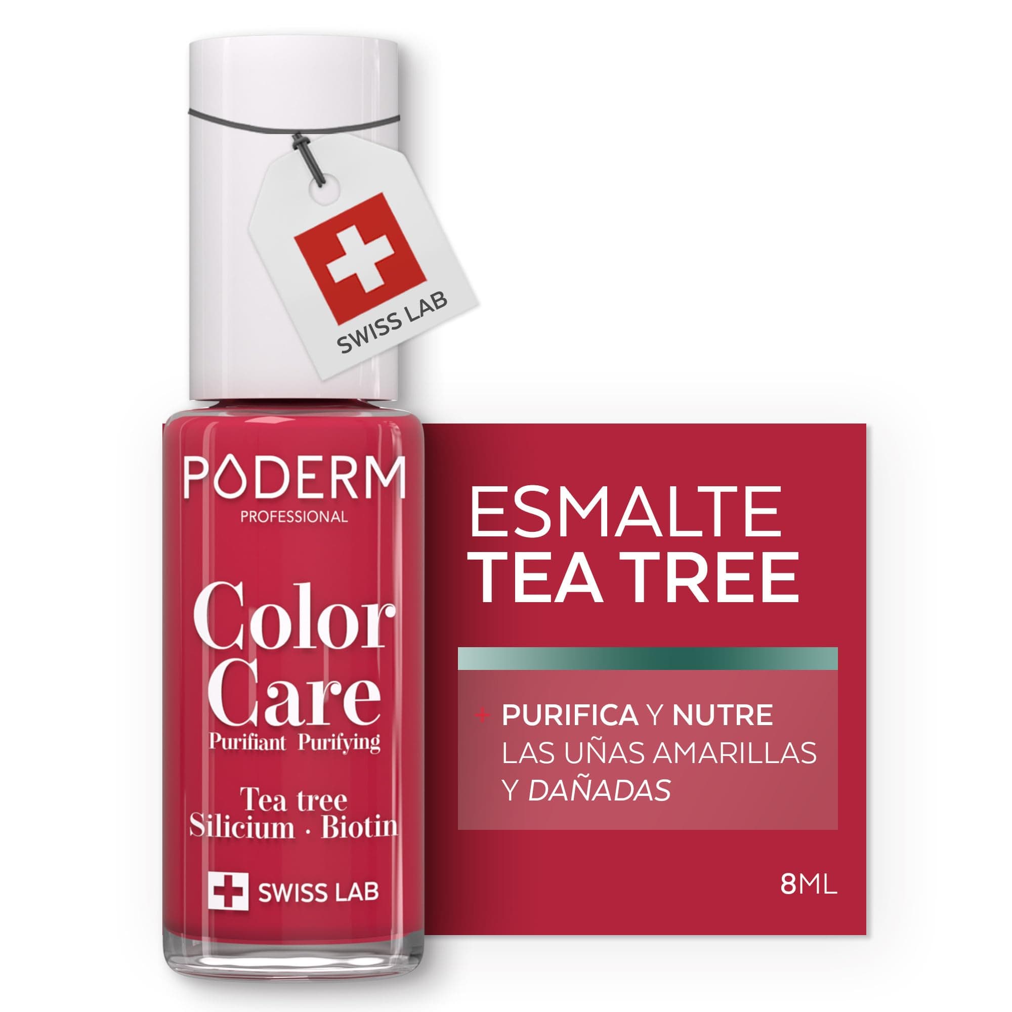 PODERM - ESMALTE DE UÑAS TEA TREE PARA HONGOS DE UÑAS - ROJO ROSA - TRATAR LAS UÑAS AMARILLAS/DAÑADAS - Esmastas-cuidado - Previene y trata HONGOS - CUIDADO 2 IN 1 - FÓRMULA ÚNICA - SWISS MADE
