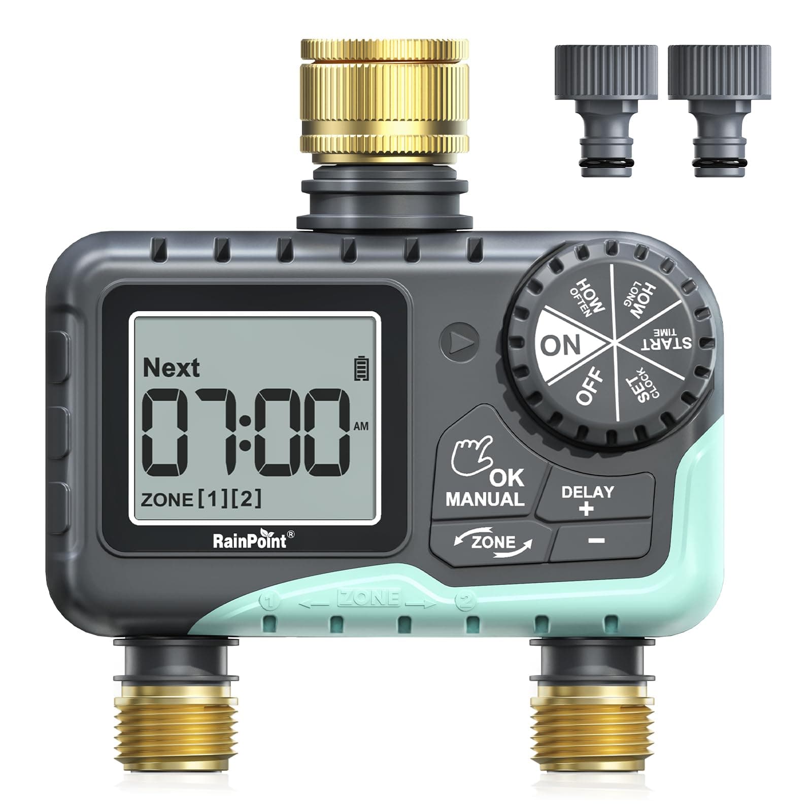 RAINPOINT Programador Riego 2 Salidas, Entrada y Salida de Latón, Temporizador de Riego Automatico Impermeable IP65 con Retraso por Lluvia/Riego Manual, a Pilas, para Jardín, Césped