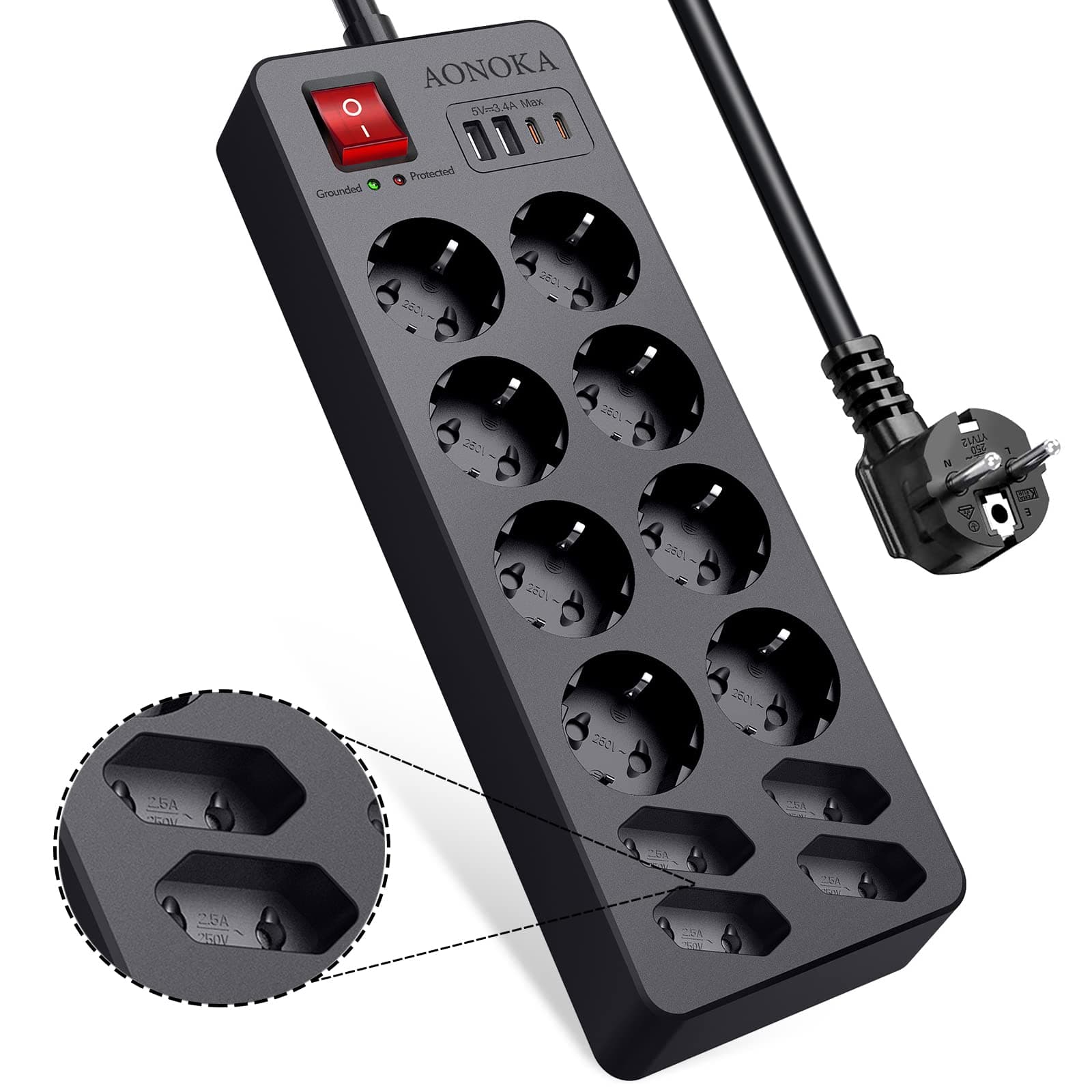 Regleta 12 Enchufes Proteccion Sobretension con USB C, Regleta 12 Tomas con Interruptor, Ladron Enchufes Multiples con 2 USB-C y 2 USB-A, Alargador Tomadas Power Strip Pared, 1,5m Cable, Negro