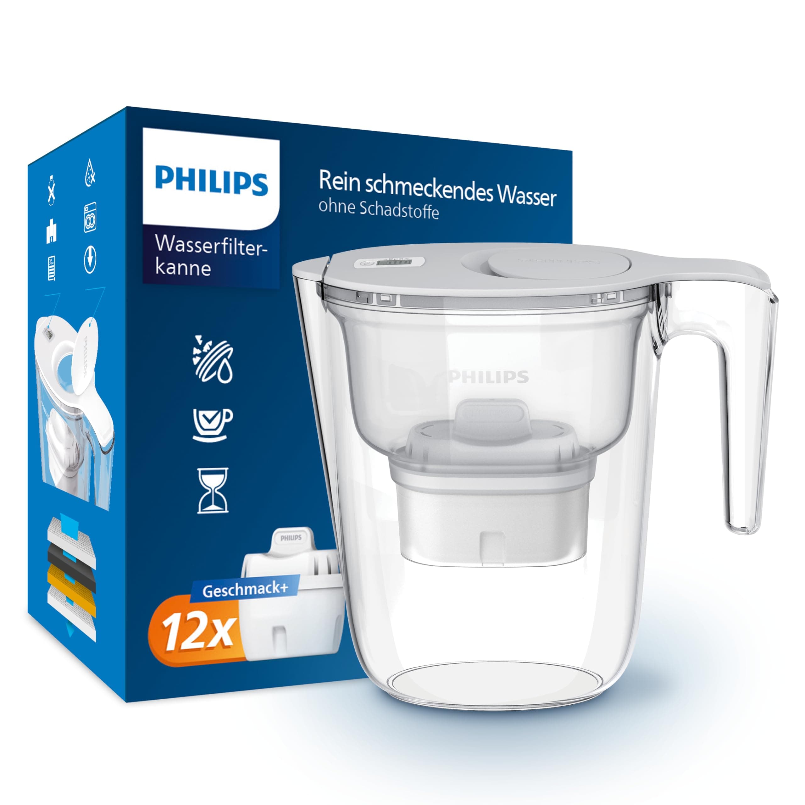 Philips Water Wasserfilterkanne +12 Geschmack+ Ersatzfilterkartuschen schneller Durchfluss elektronischer Timer filtert Chlor Kalk Schwermetalle und Mikroplastik 2,6 L