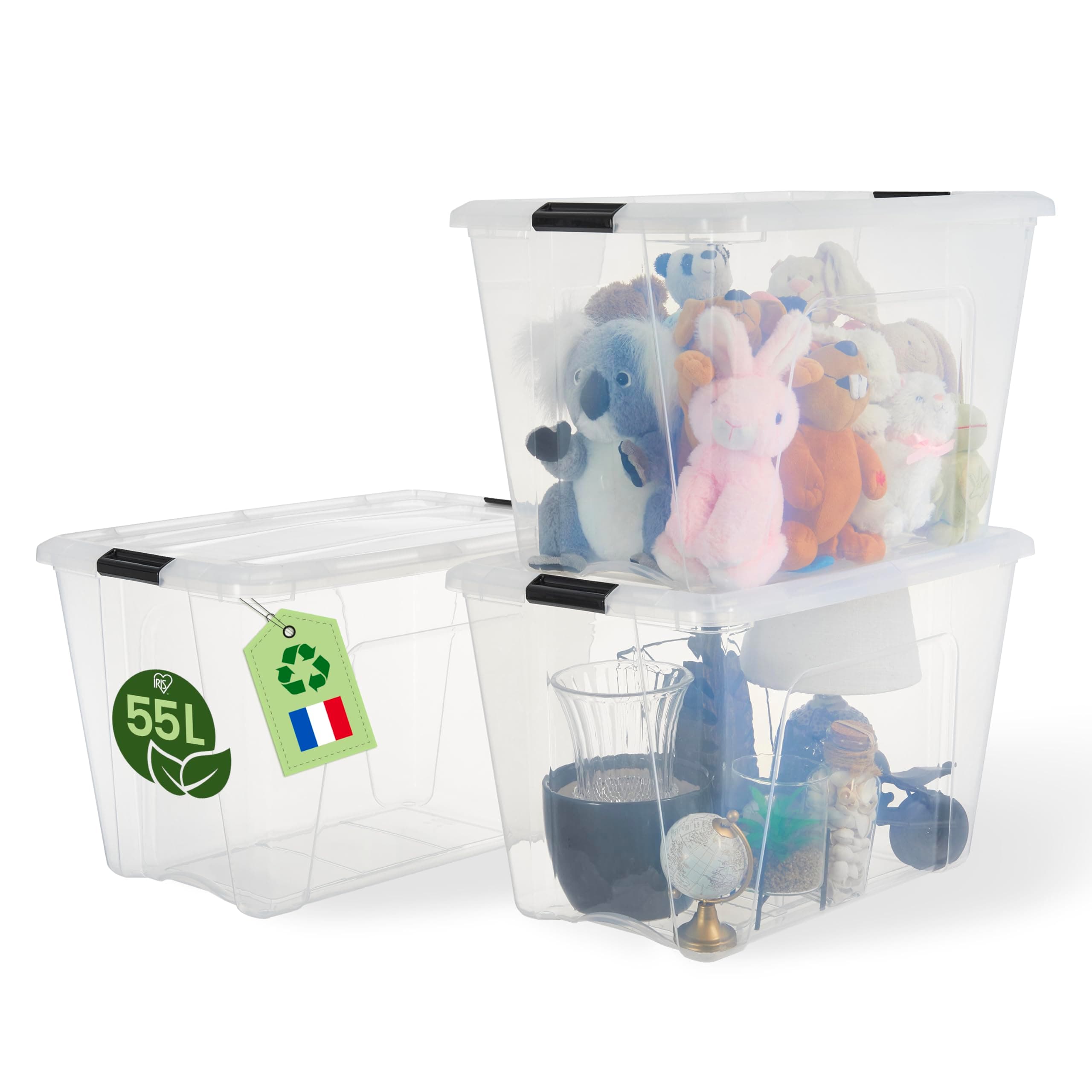 Iris Ohyama, Kunststoff-Aufbewahrungsbox mit Deckel, 55L, 3er Pack, Transparent, 98% recycelter Kunststoff, Verschlussclips, Griff, Stapelbar, pürs Schlafzimmer, Büro, BPA-frei, BSB-55