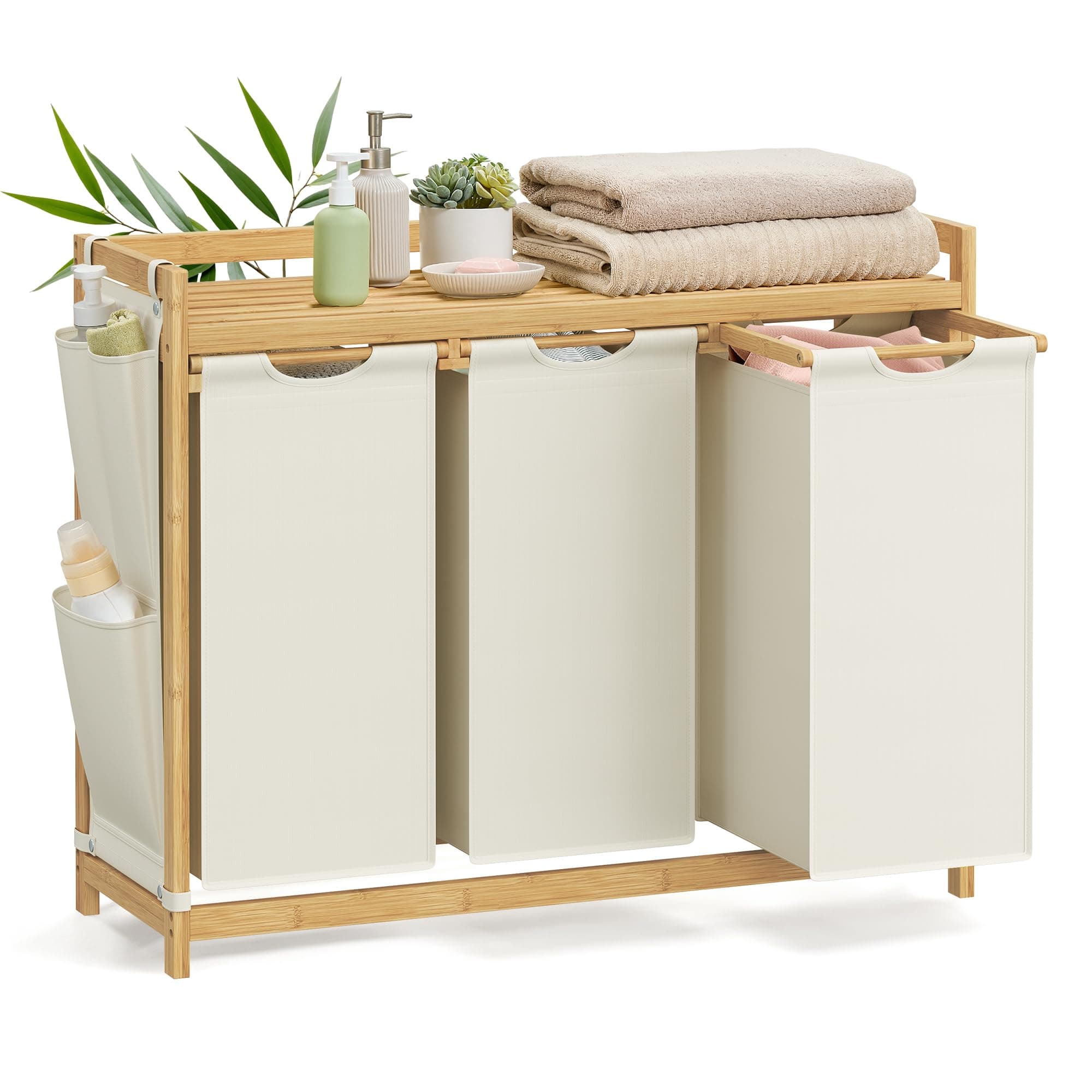 SONGMICS Panier à Linge, avec 3 Compartiments, Corbeille à Linge Sale, en Bambou, Capacité de 150 Litres, avec Étagère, Poches Latérales, 3 x 50 L, 94 x 33 x 78 cm, Blanc Crème RLH115W01