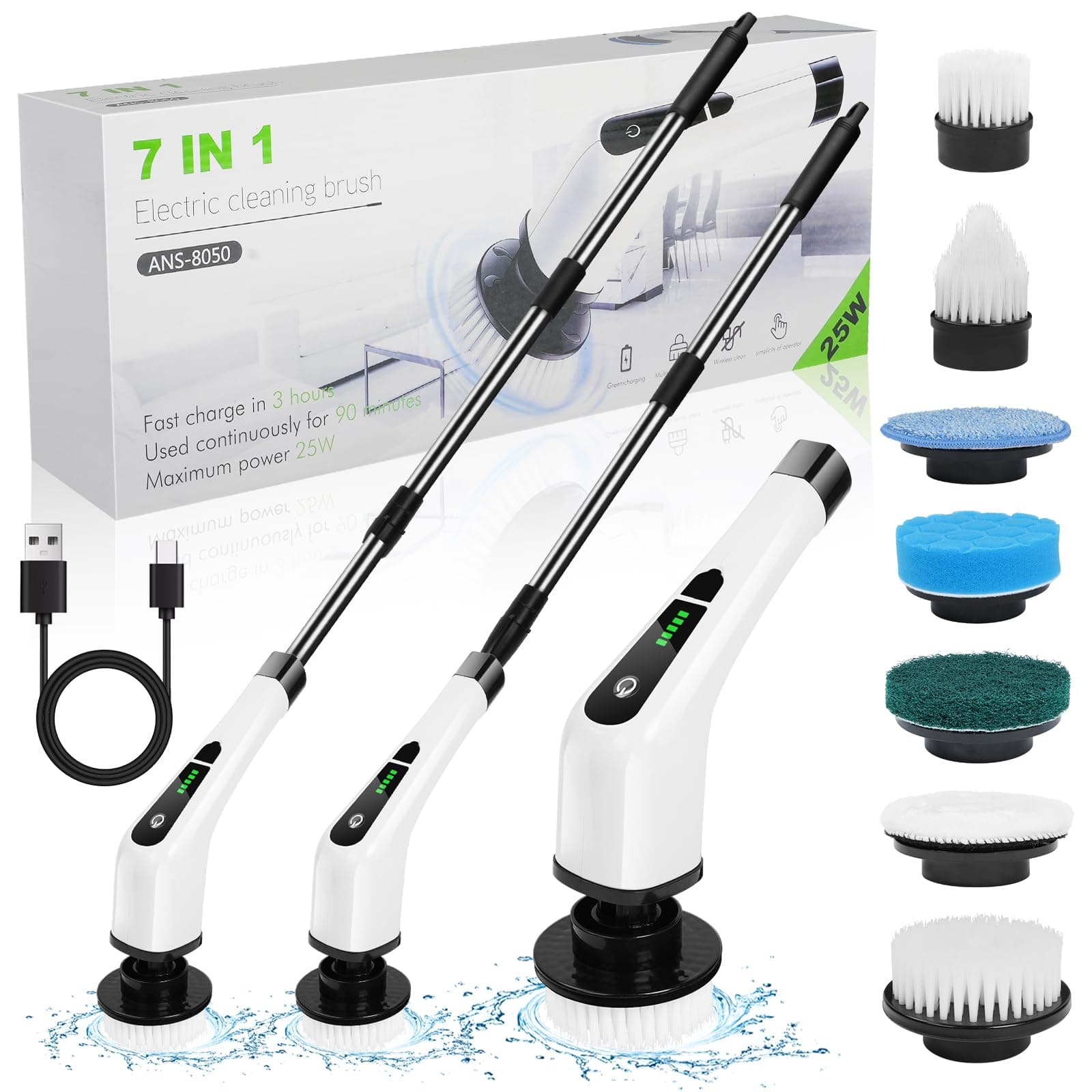 OSDUE Cepillo de Limpieza Electrico, Cepillo de Limpieza Inalámbrico con 7 Cabezales Reemplazables, Fregadora Giratoria Eléctrica Adjustable Extension Handle, para Bañera, Azulejo, Piso, Baño Pared