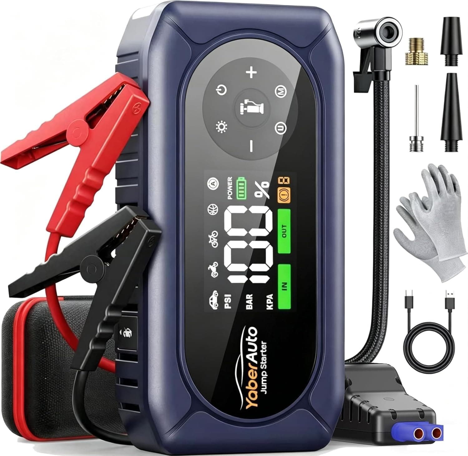 Arrancador de Baterias de Coche con Compresor de Aire, 4500A YaberAuto Arrancador de Coche Portatil (9,0L Gas/8,0L Diesel) con 150PSI Inflador, Guantes Aislantes, Pantalla Grande y Linterna LED