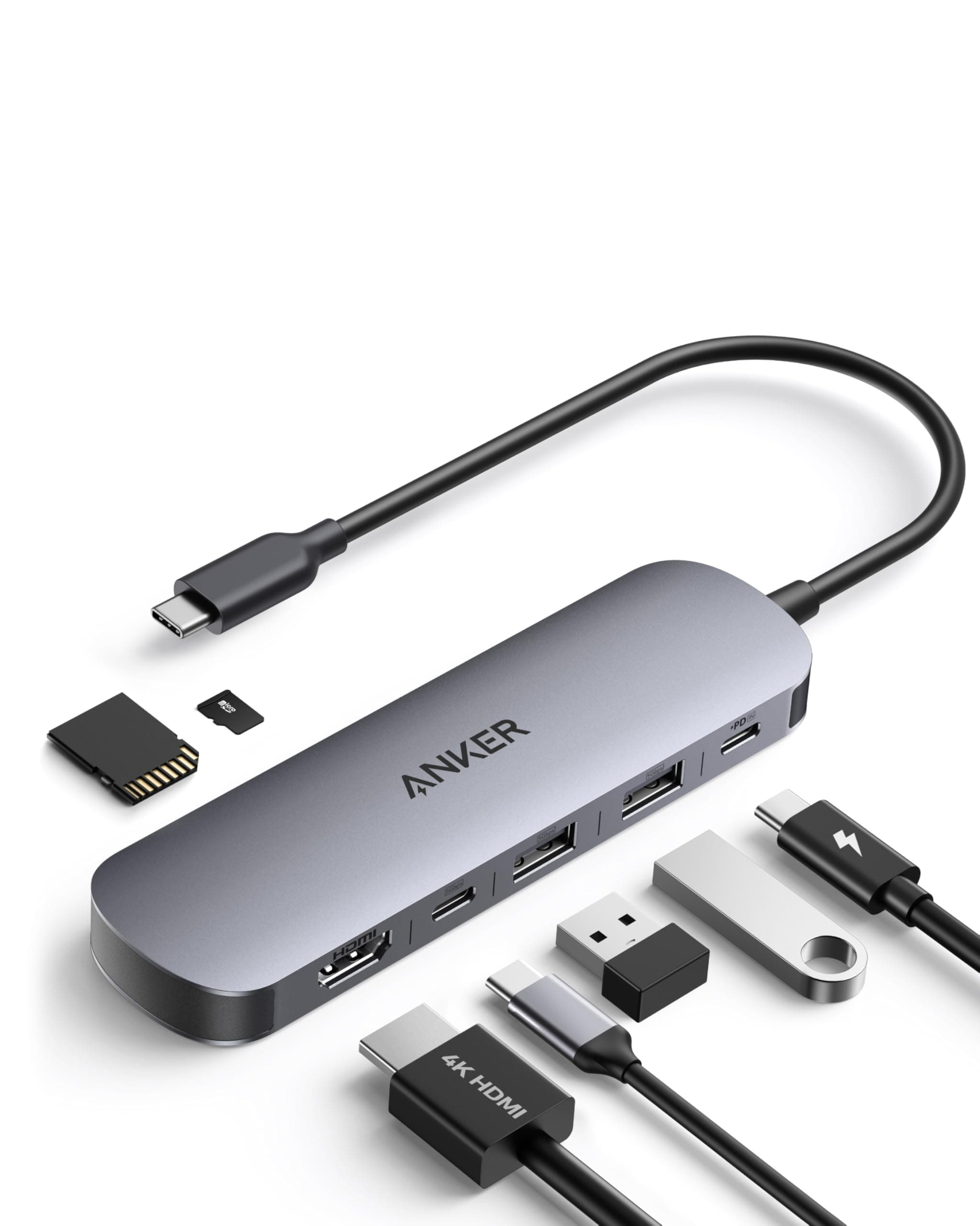 Anker 7-in-1 USB-C Hub mit 4K@60Hz HDMI, 85W Power Delivery, USB-A/C-3.0-Ports und SD/microSD-Kartenleser für USB-C Geräte (ohne Netzteil)