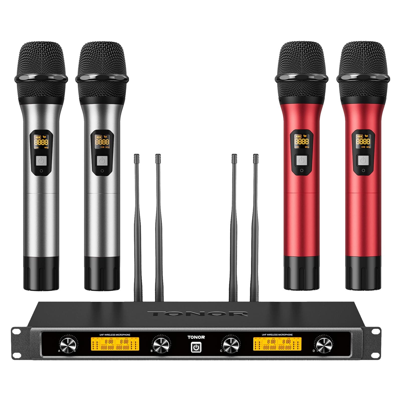 TONOR Sistema de Micrófonos Inalámbricos, 4x5 Canal UHF Micro de Metal, 4 Microfono de Mano de Frecuencia Ajustable, Multiset Operación, 90m Ideal para Karaoke Canto, Boda, Iglesia, reunión, Rojo