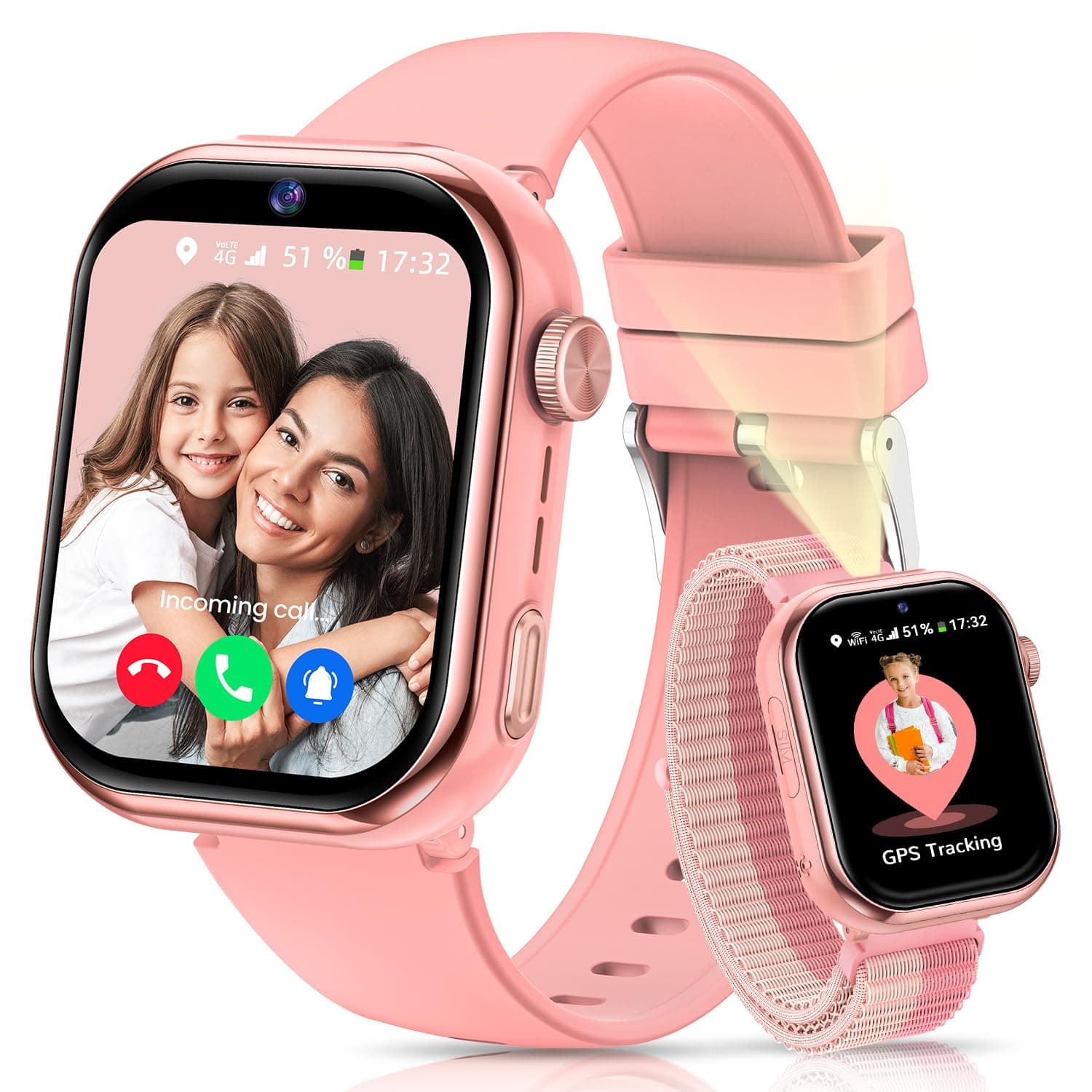 4G Reloj Inteligente Niña, 1.83'' HD Smartwatch Niñas con GPS y Llamadas, Videollamadas, Chat de Voz, Modo Escuela, Doble Cámara, Monitor de Sueño, Podómetro, Despertador IP68 para Niñas Niños Rosa