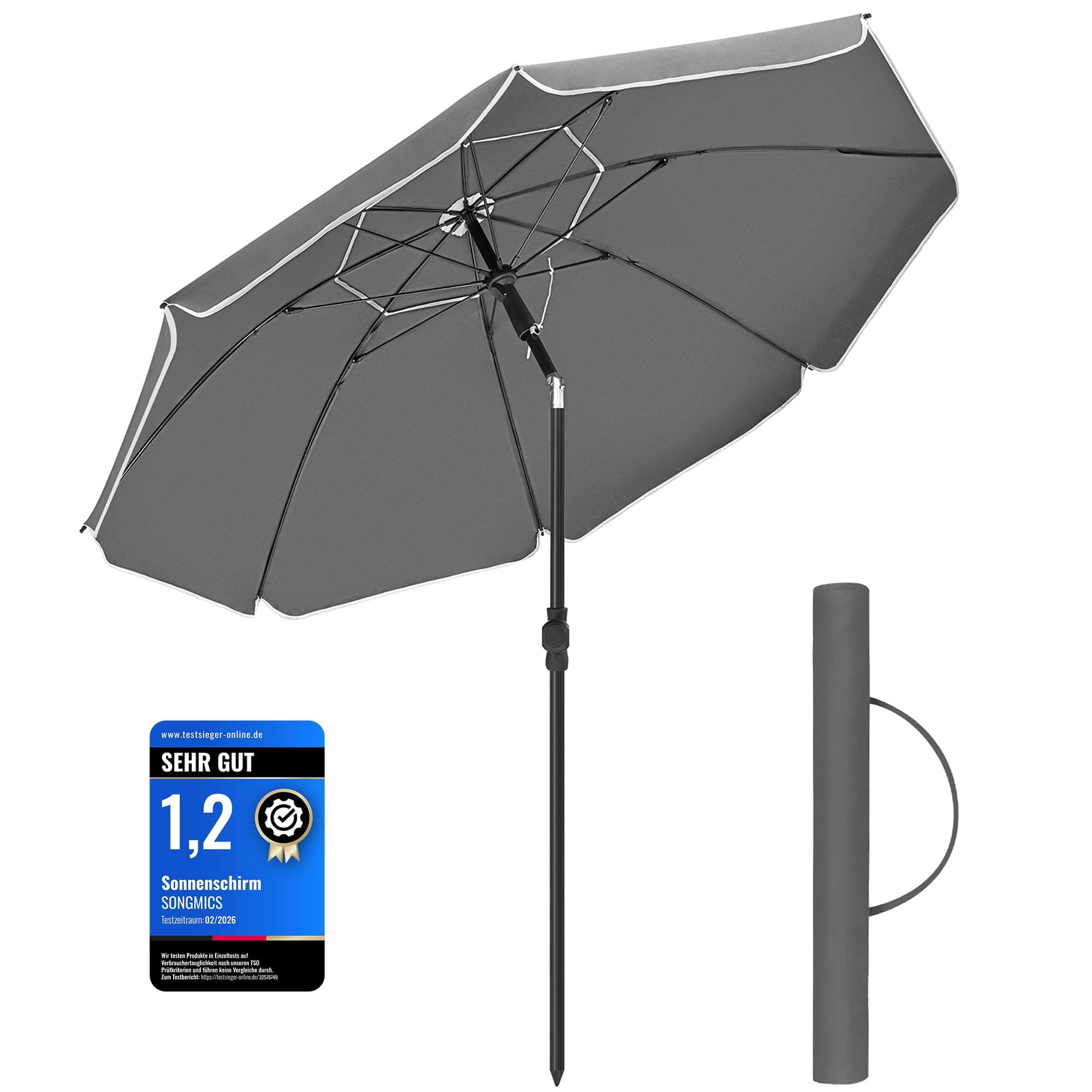 SONGMICS Sonnenschirm 200 cm, Sonnenschutz, UPF 50+, Strandschirm, beidseitig um 30° knickbar, höhenverstellbar, mit Tragetasche, für Balkon, Garten, Terrasse, Strand, ohne Ständer, grau GPU065G01