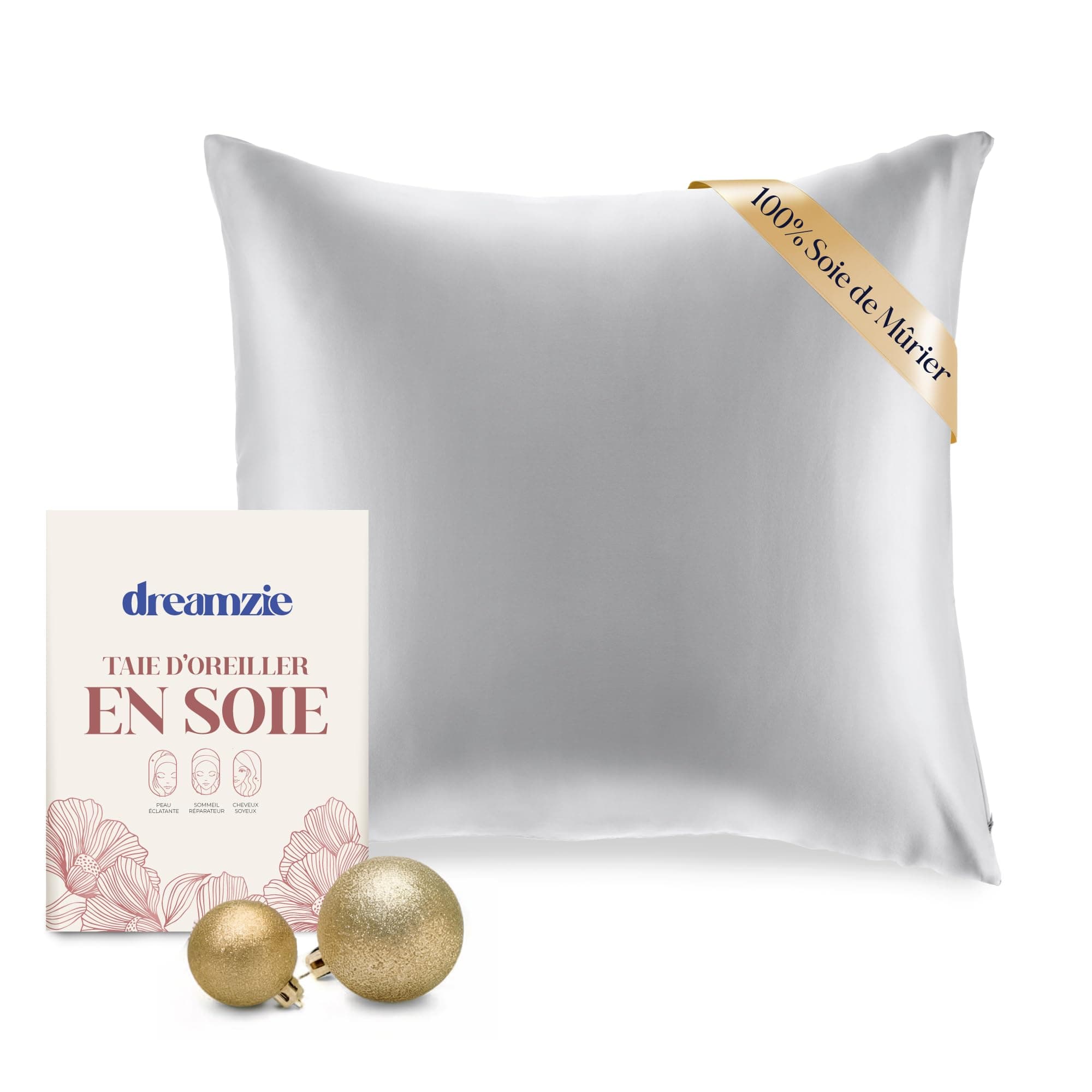 DREAMZIE Taie d Oreiller en Soie - 100% Soie Naturelle de mûrier - pour Les Cheveux et la Peau - 19 mm de Soie des Deux côtés - 1 unité - Gris - 65x65 cm